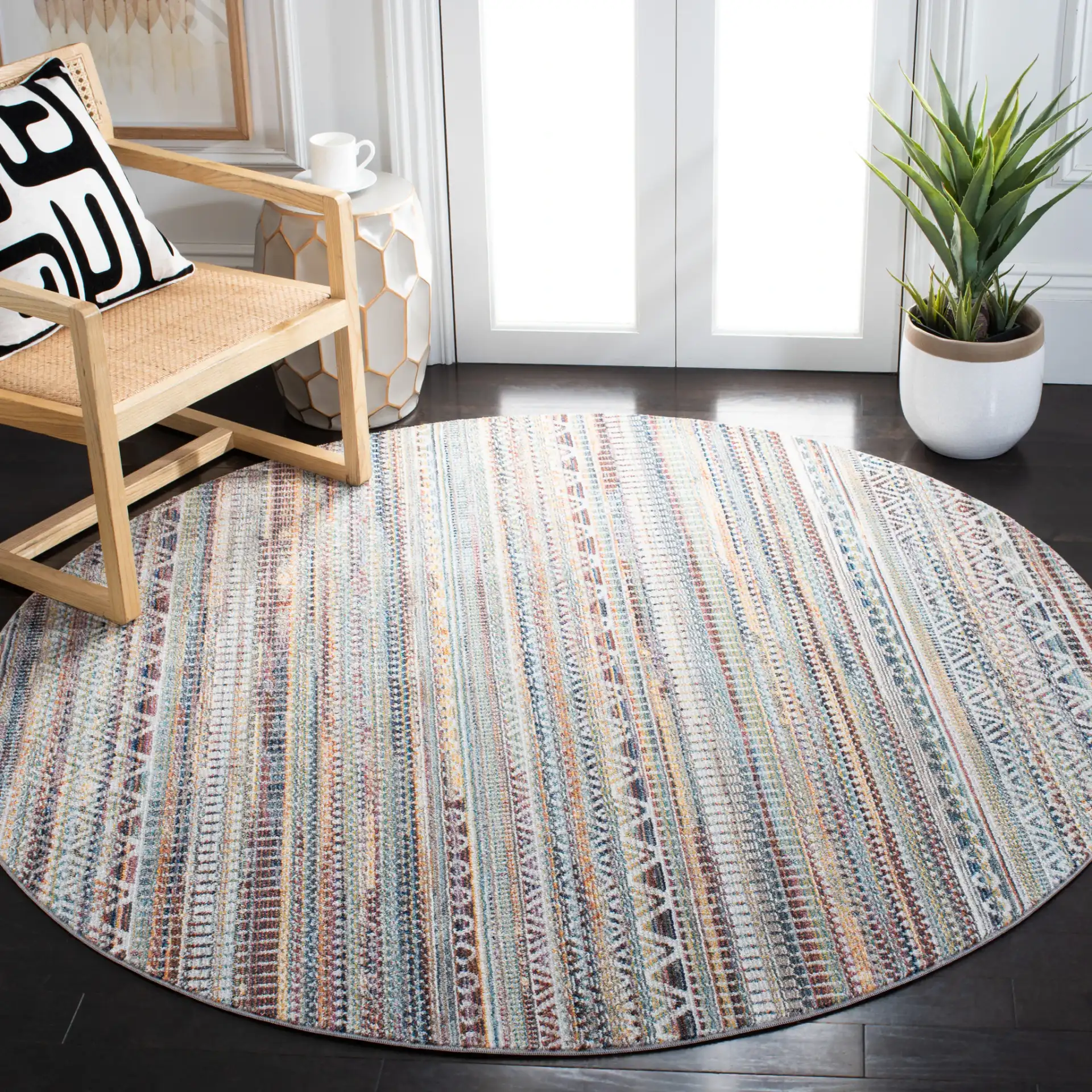 Crystal Banded Geometric Rug in Rust / Gold in a styled room
