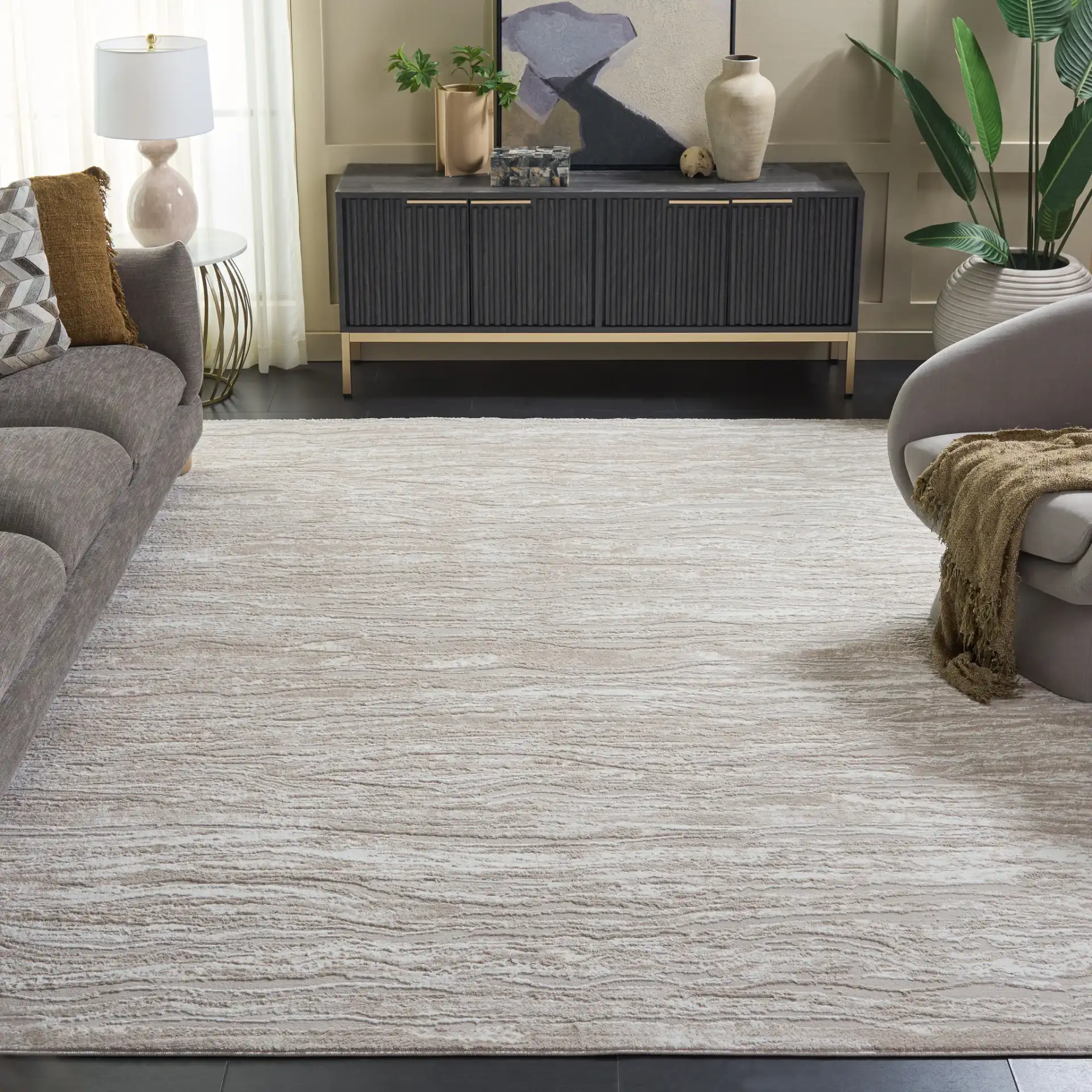 Carter Marble Rug in Ivory / Taupe in a styled room