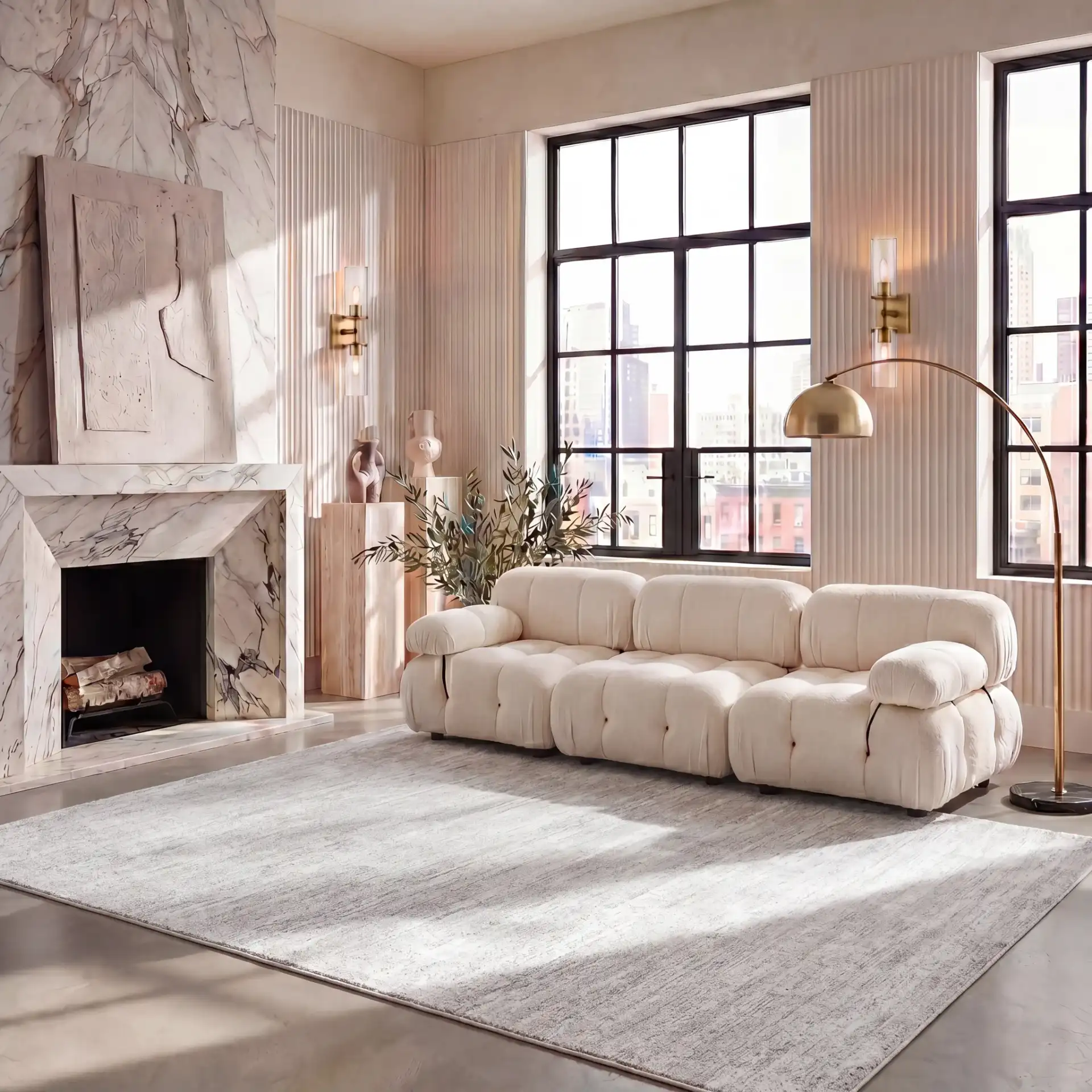 Carter Linear Striation Rug in Ivory / Taupe in a styled room