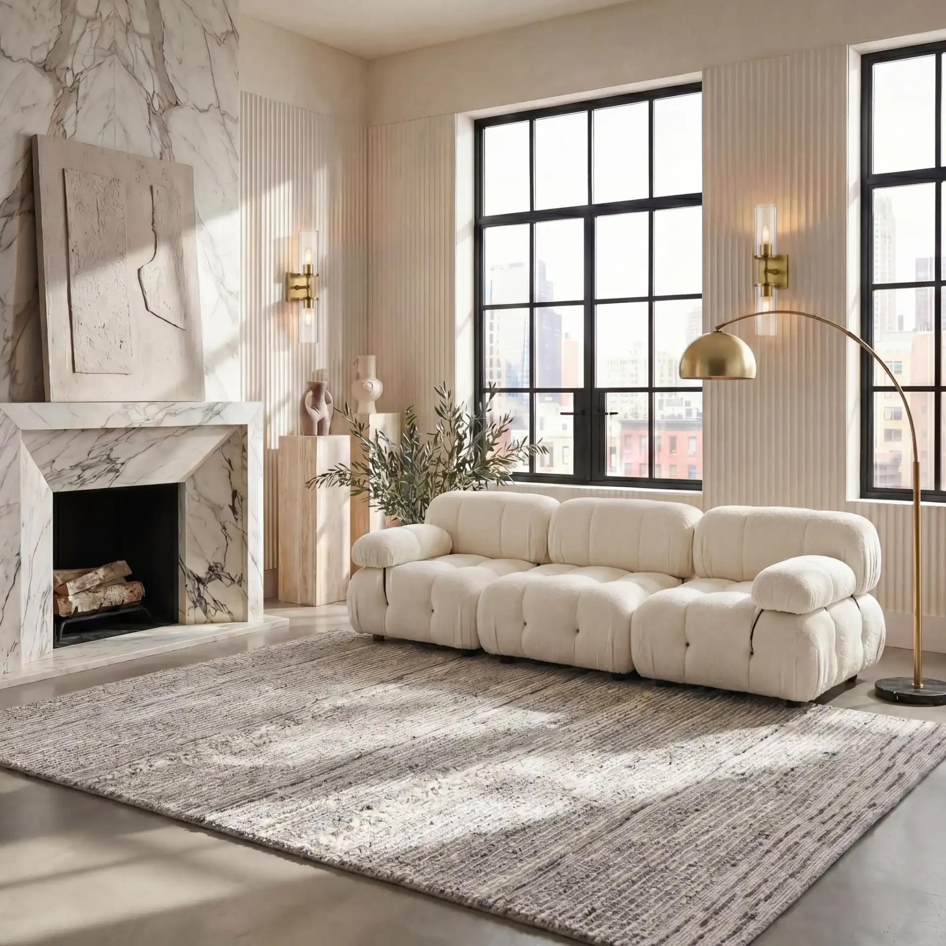 Casablanca Striped Hand-Woven Wool Rug in Gray / Ivory in a styled room