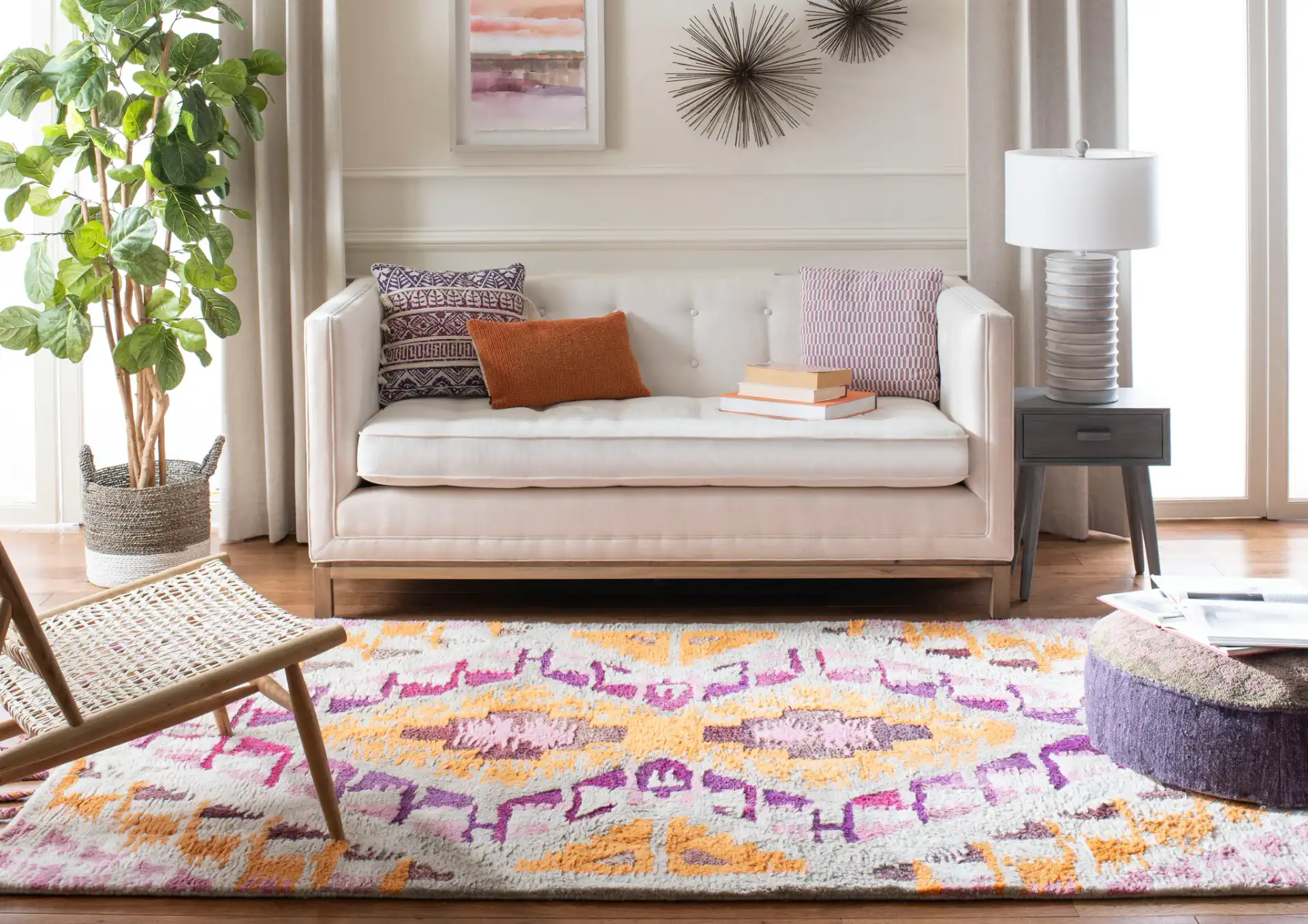 Casablanca Diamond Medallion Hand-Tufted Wool Blend Shag Rug in Ivory / Multicolor in a styled room