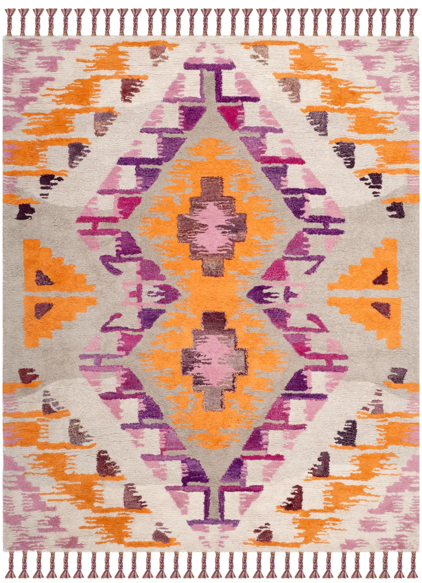 Casablanca Diamond Medallion Hand-Tufted Wool Blend Shag Rug in Ivory / Multicolor