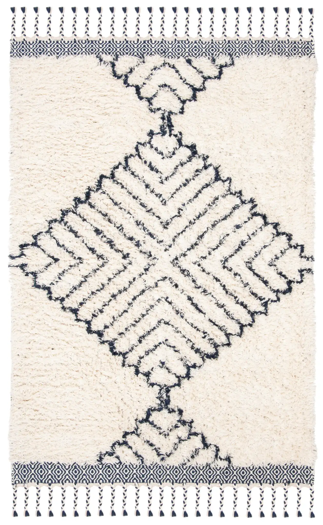 Casablanca Diamond Hand-Woven Shag Wool Rug in Ivory / Navy, detail view