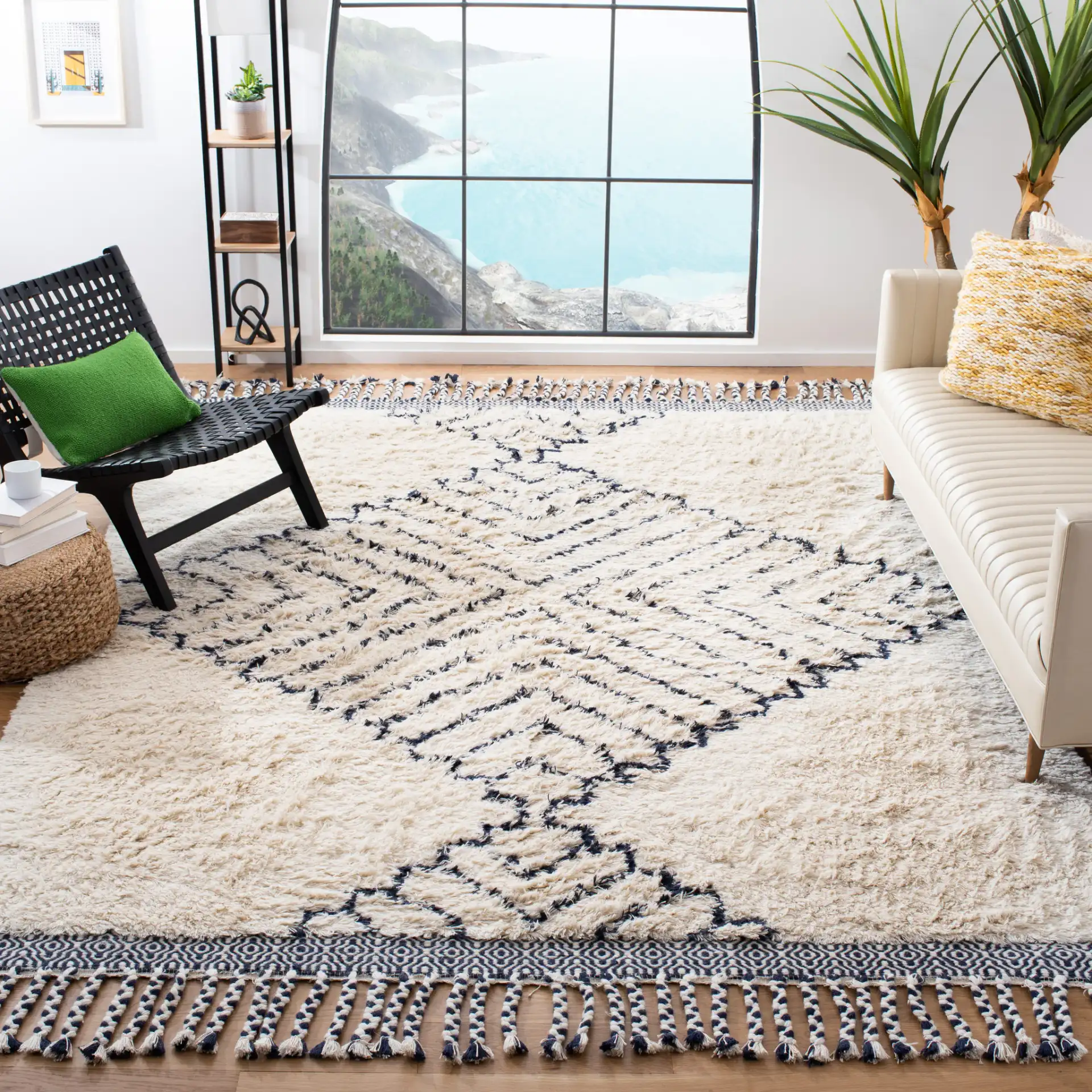 Casablanca Diamond Hand-Woven Shag Wool Rug in Ivory / Navy in a styled room