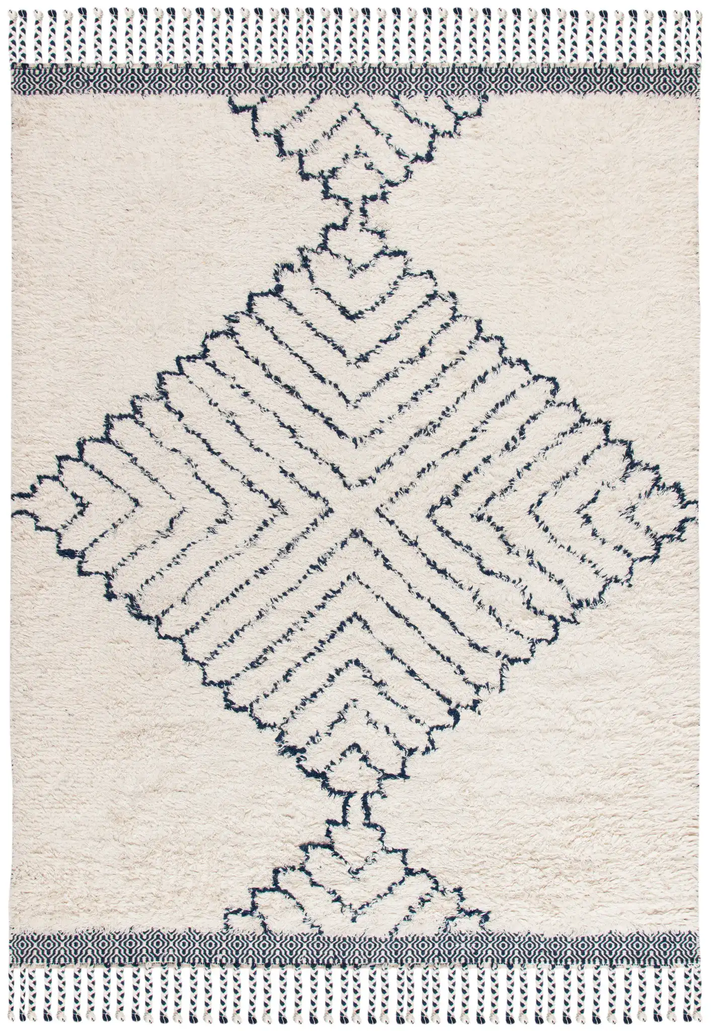 Casablanca Diamond Hand-Woven Shag Wool Rug in Ivory / Navy