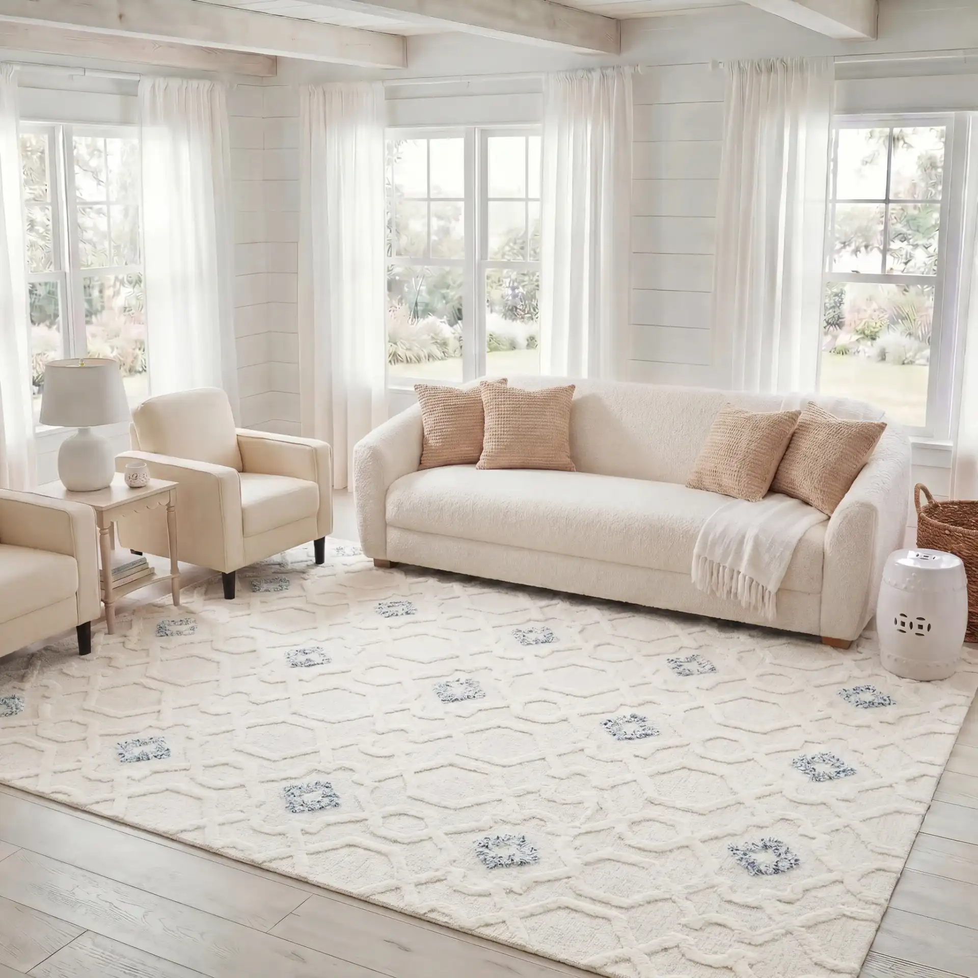 Casablanca Trellis Hand-Tufted Wool Rug in Ivory in a styled room