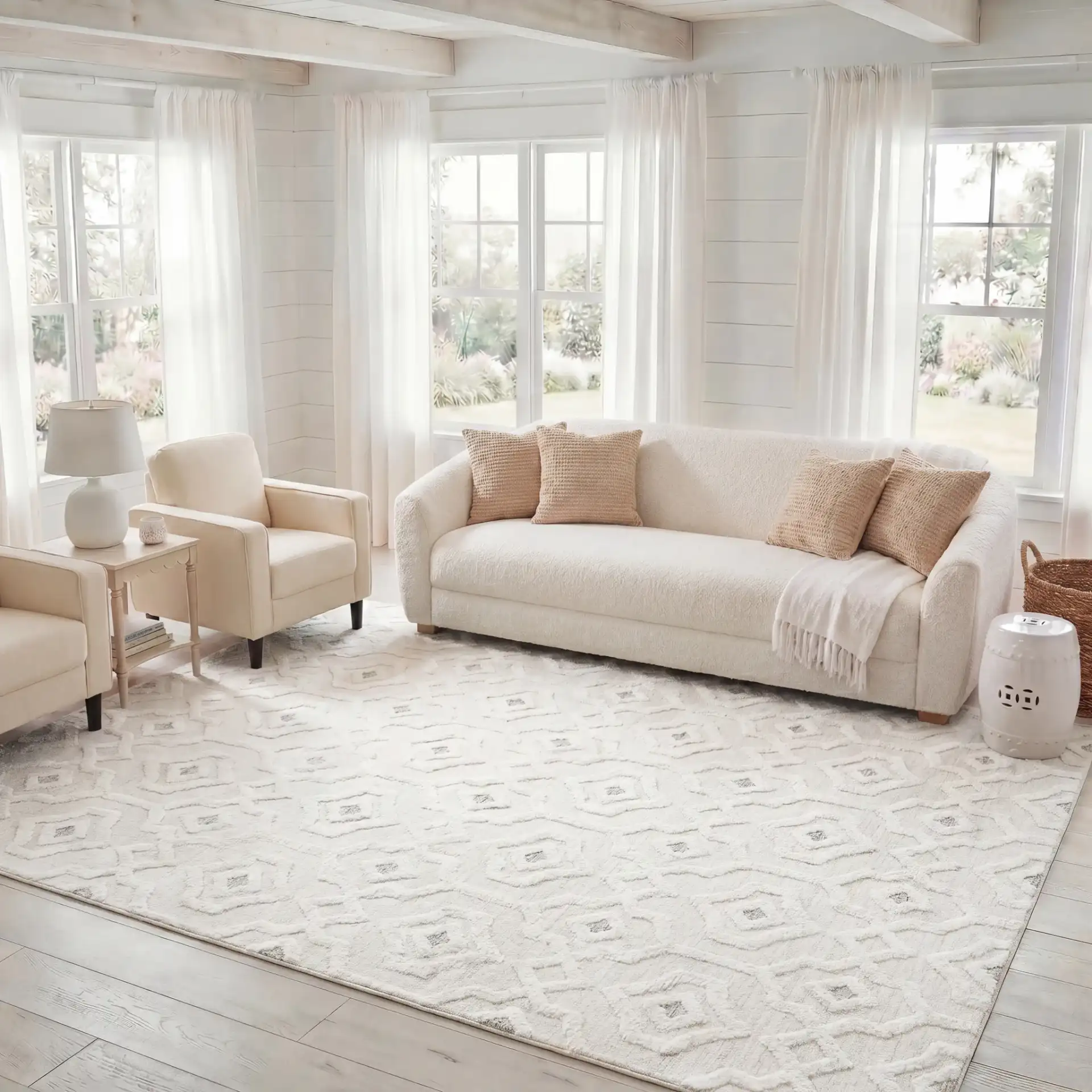 Casablanca Carved Trellis Hand-Tufted Wool Rug in Ivory in a styled room