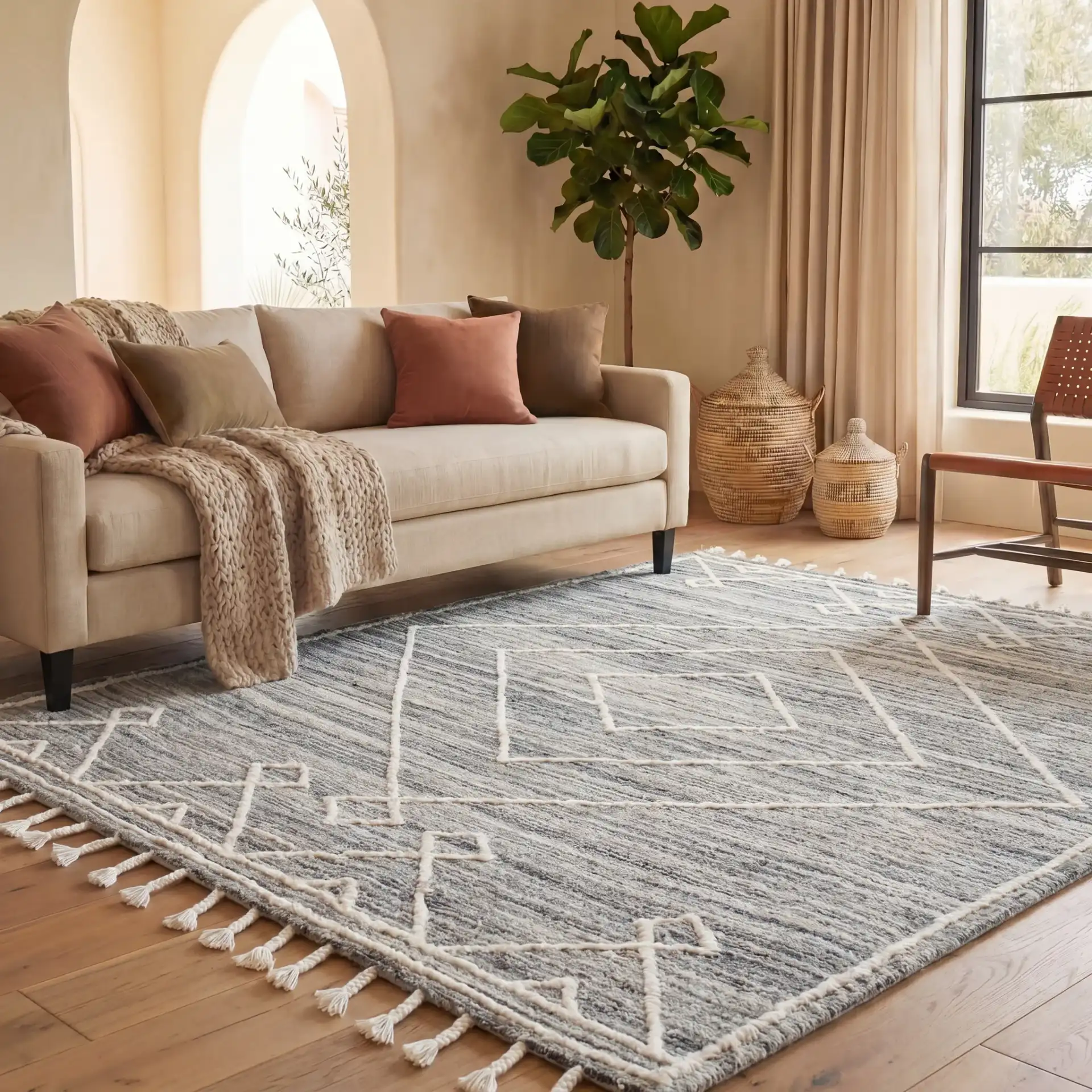 Casablanca Concentric Diamond Hand-Tufted Wool Rug in Gray / Ivory in a styled room