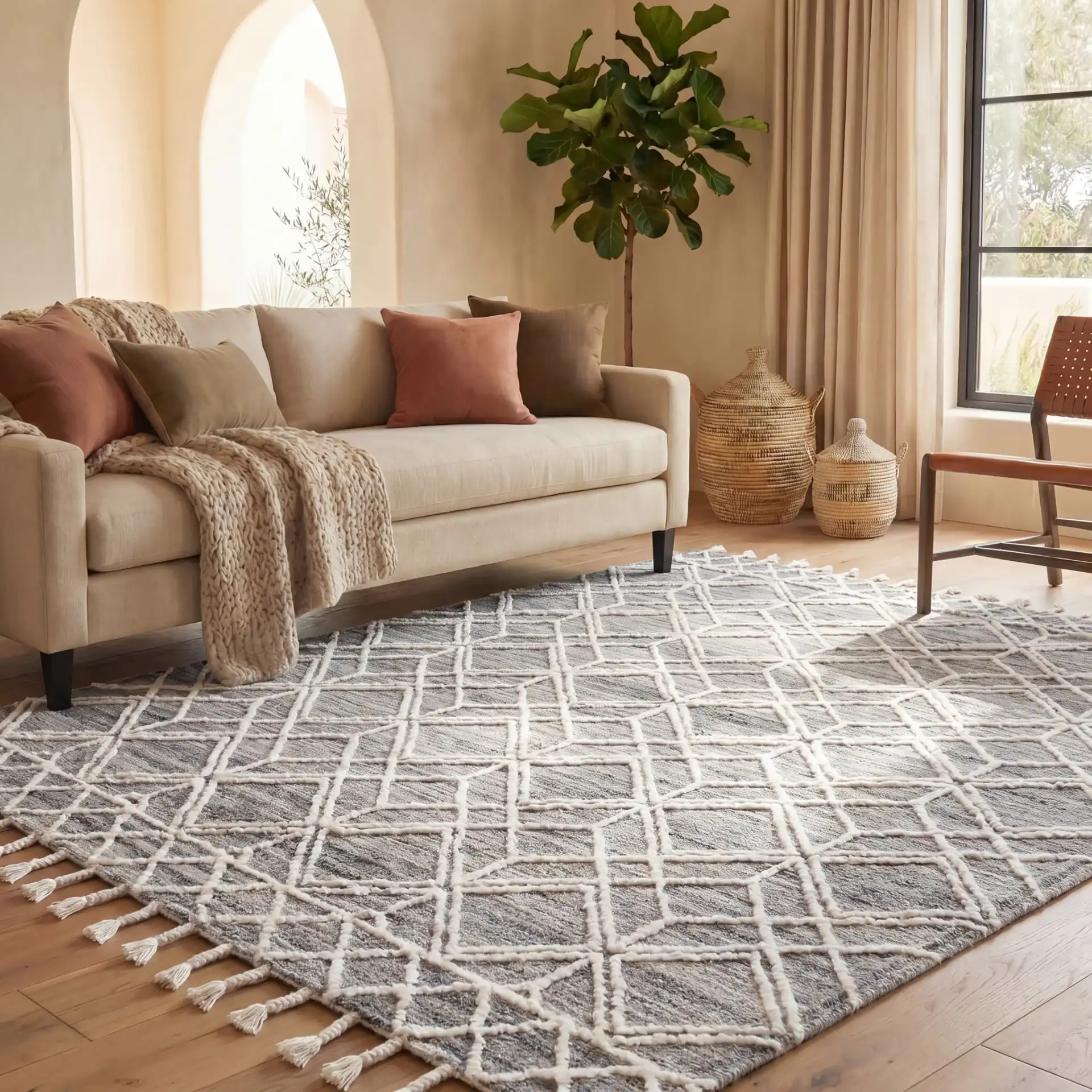 Casablanca Geometric Diamond Trellis Hand-Tufted Wool Rug in Gray / Ivory in a styled room