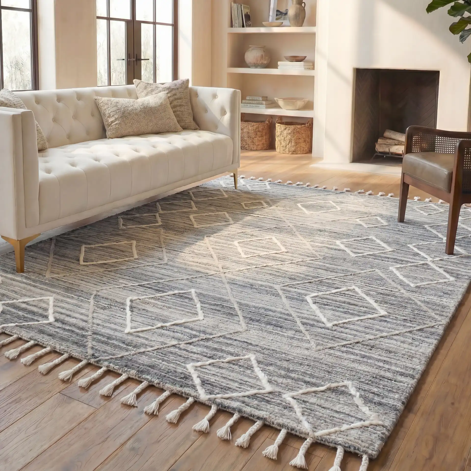 Casablanca Abrash Floating Diamond Hand-Tufted Wool Rug in Gray / Ivory in a styled room