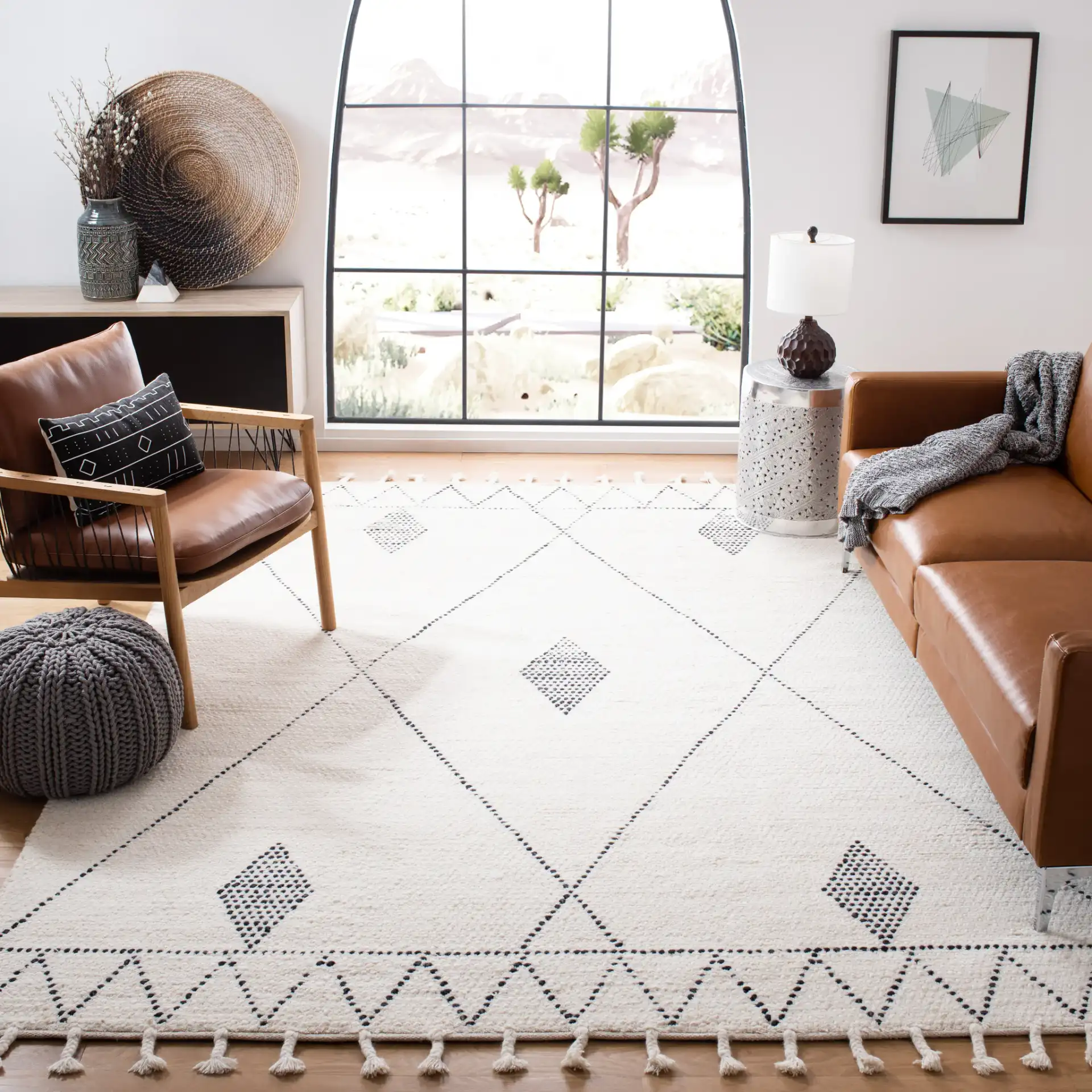 Casablanca Moroccan Tribal Hand-Woven Wool Rug in Ivory / Black in a styled room