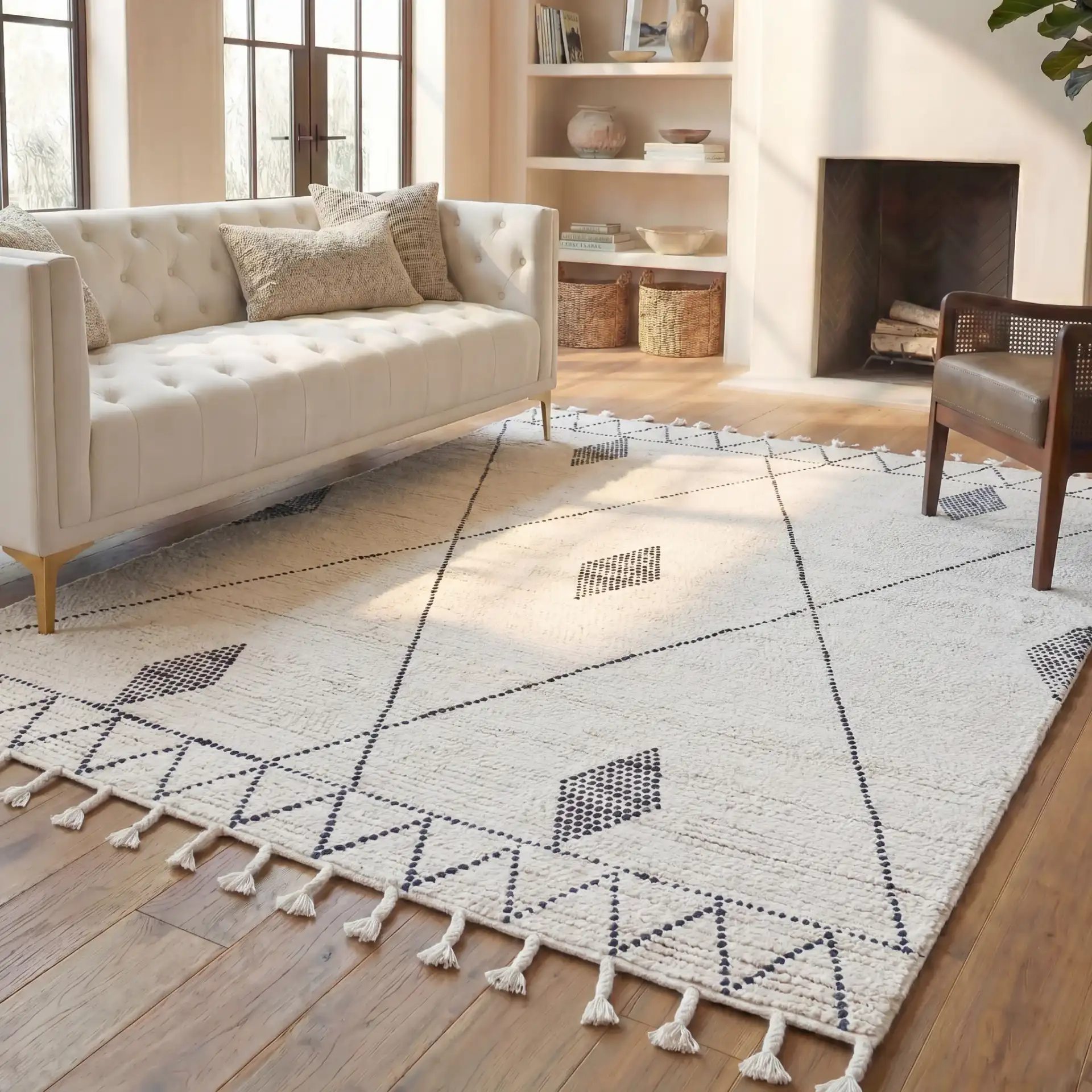 Casablanca Moroccan Tribal Hand-Woven Wool Rug in Ivory / Black in a styled room