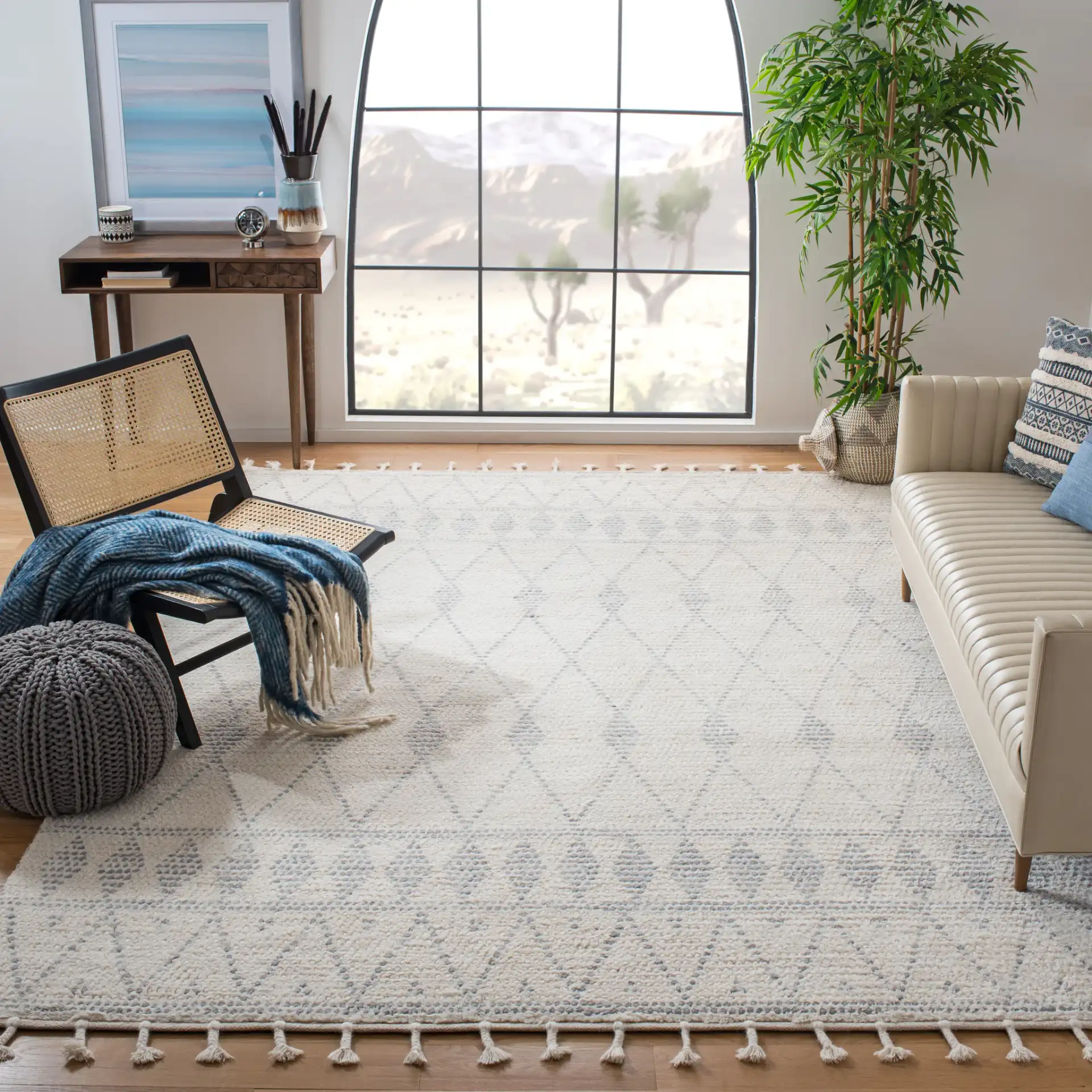 Casablanca Tribal Diamond Band Hand-Woven Wool Rug in Ivory / Gray in a styled room