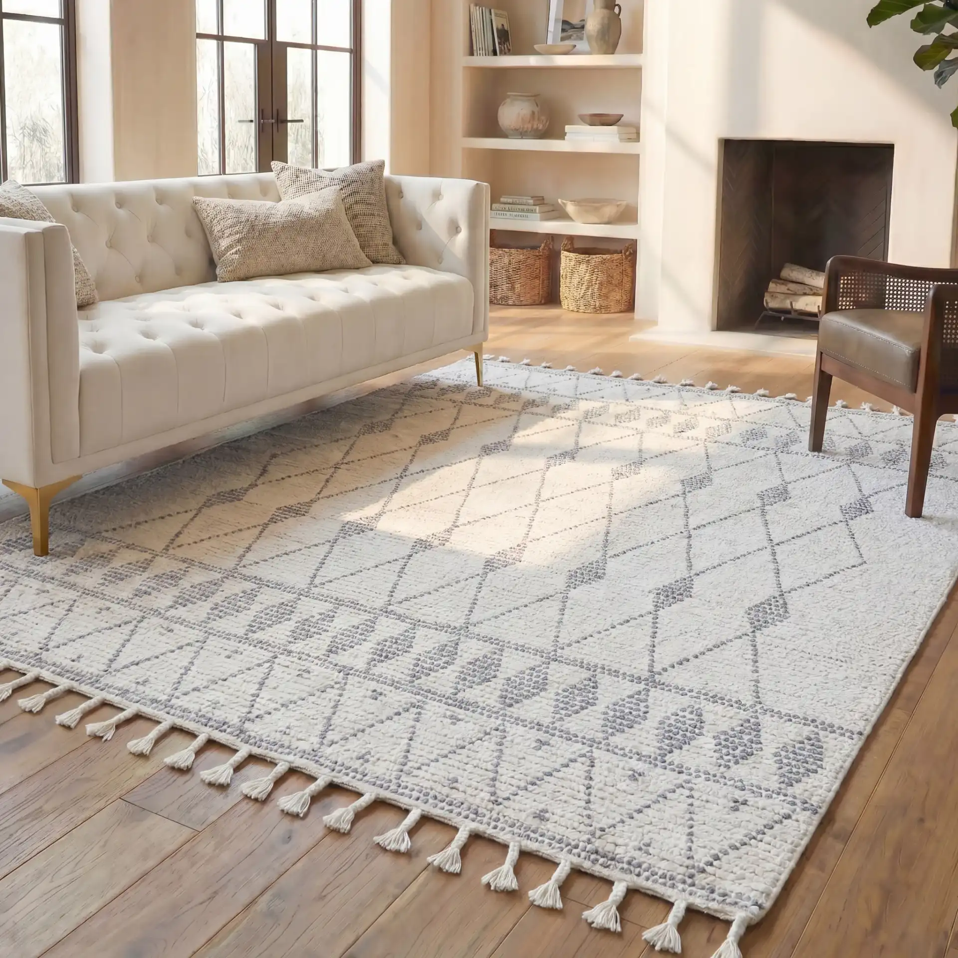 Casablanca Tribal Diamond Band Hand-Woven Wool Rug in Ivory / Gray in a styled room