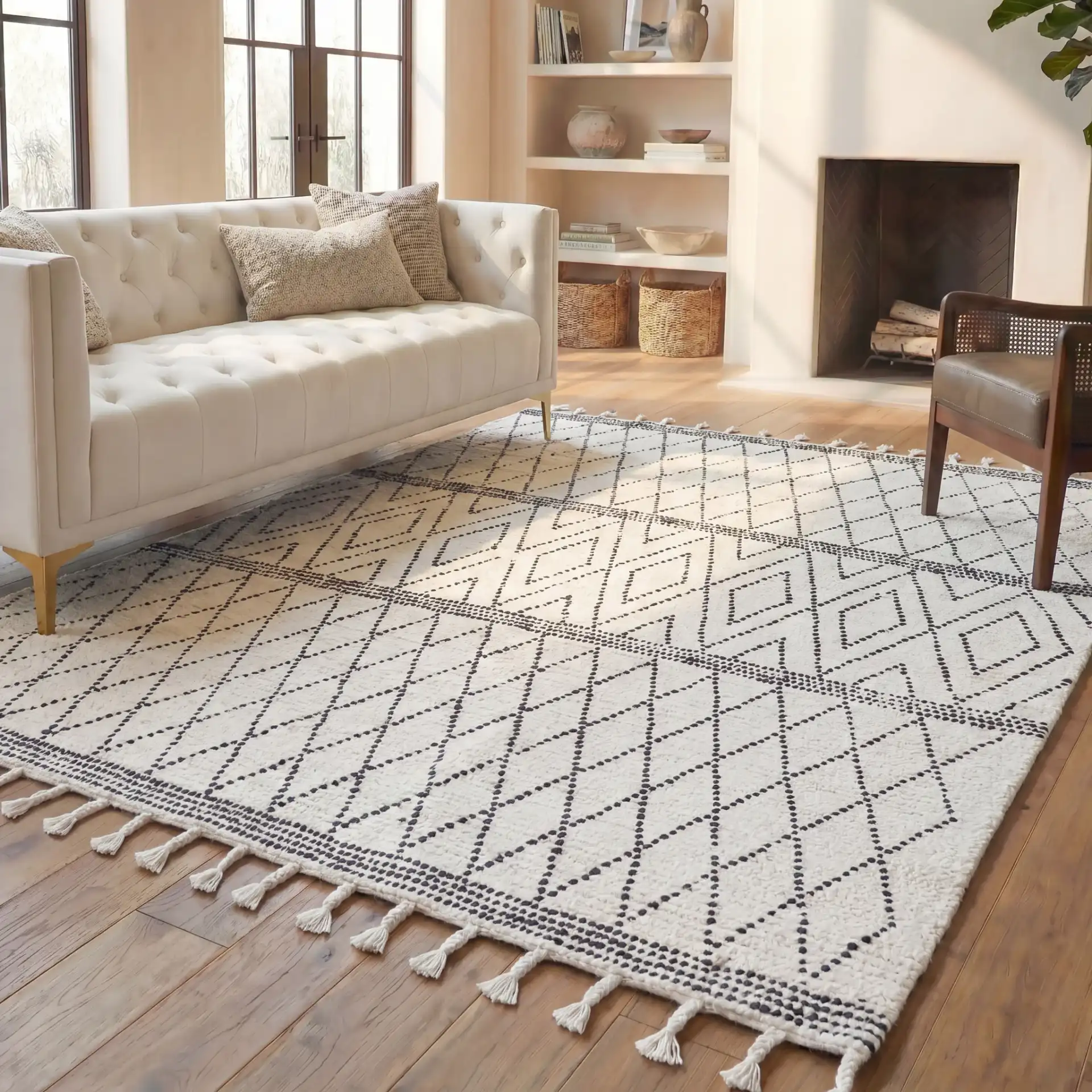 Casablanca Dotted Diamond Hand-Woven Wool Rug in Ivory / Black in a styled room