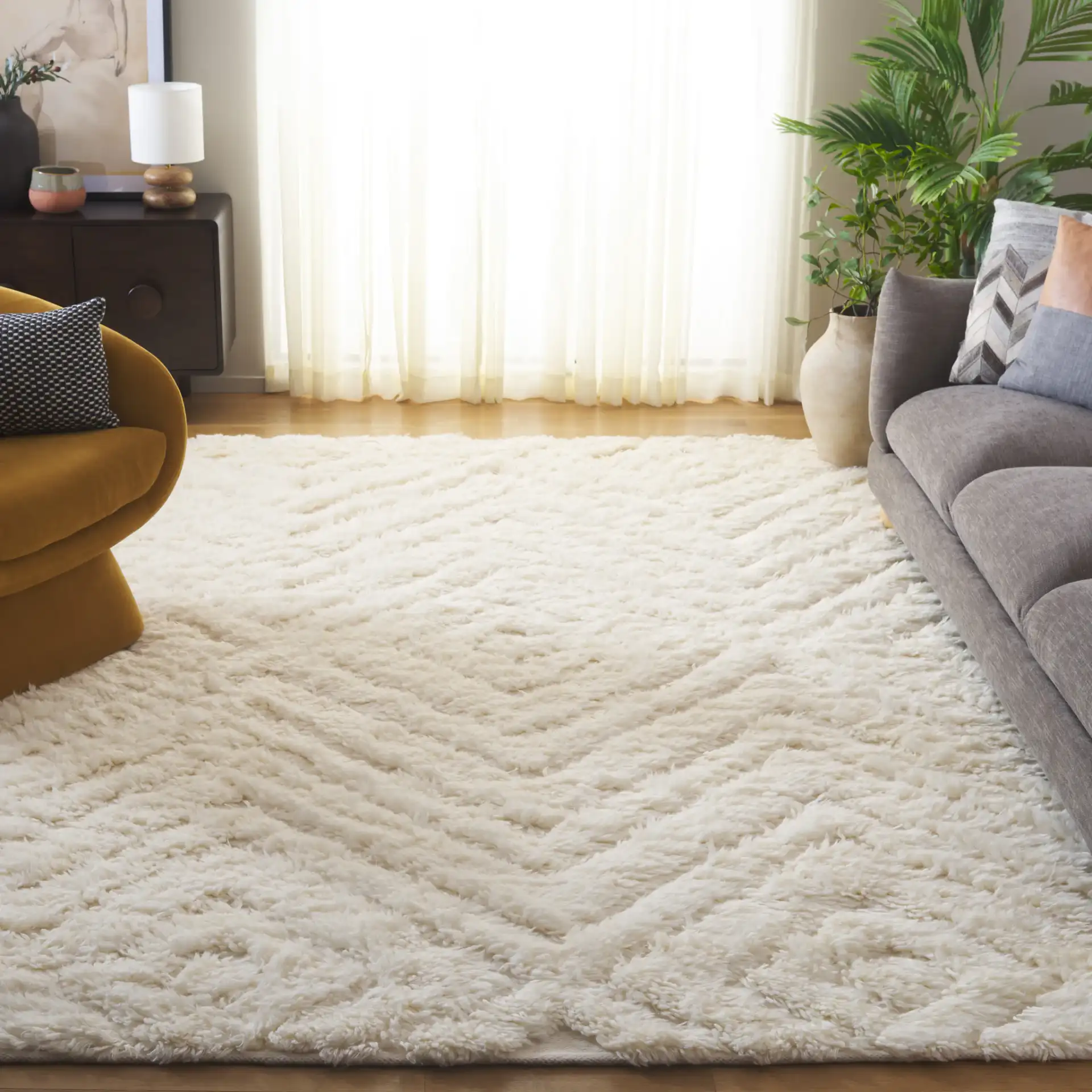 Casablanca Nested Diamond Shag Wool Rug in Ivory in a styled room
