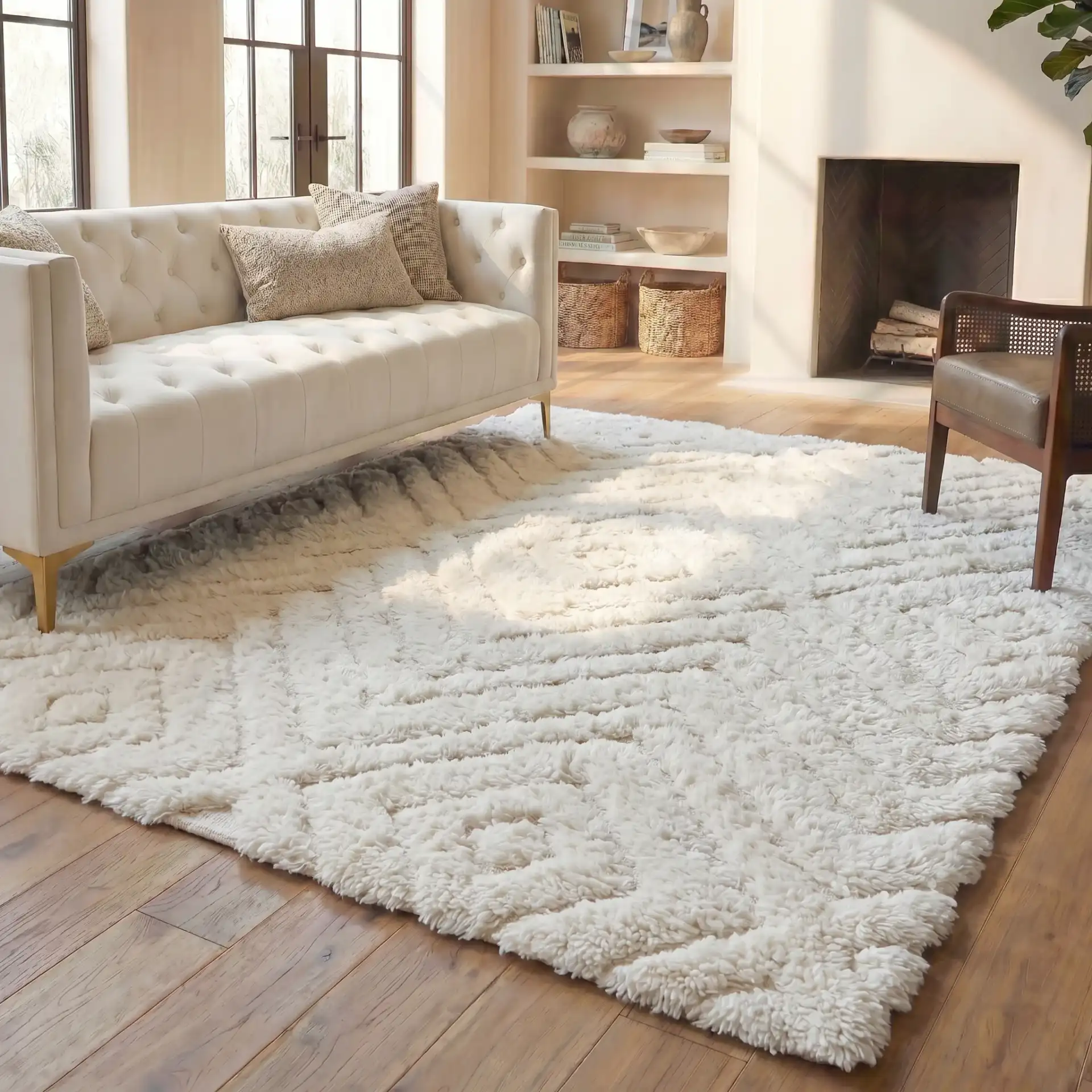 Casablanca Nested Diamond Shag Wool Rug in Ivory in a styled room
