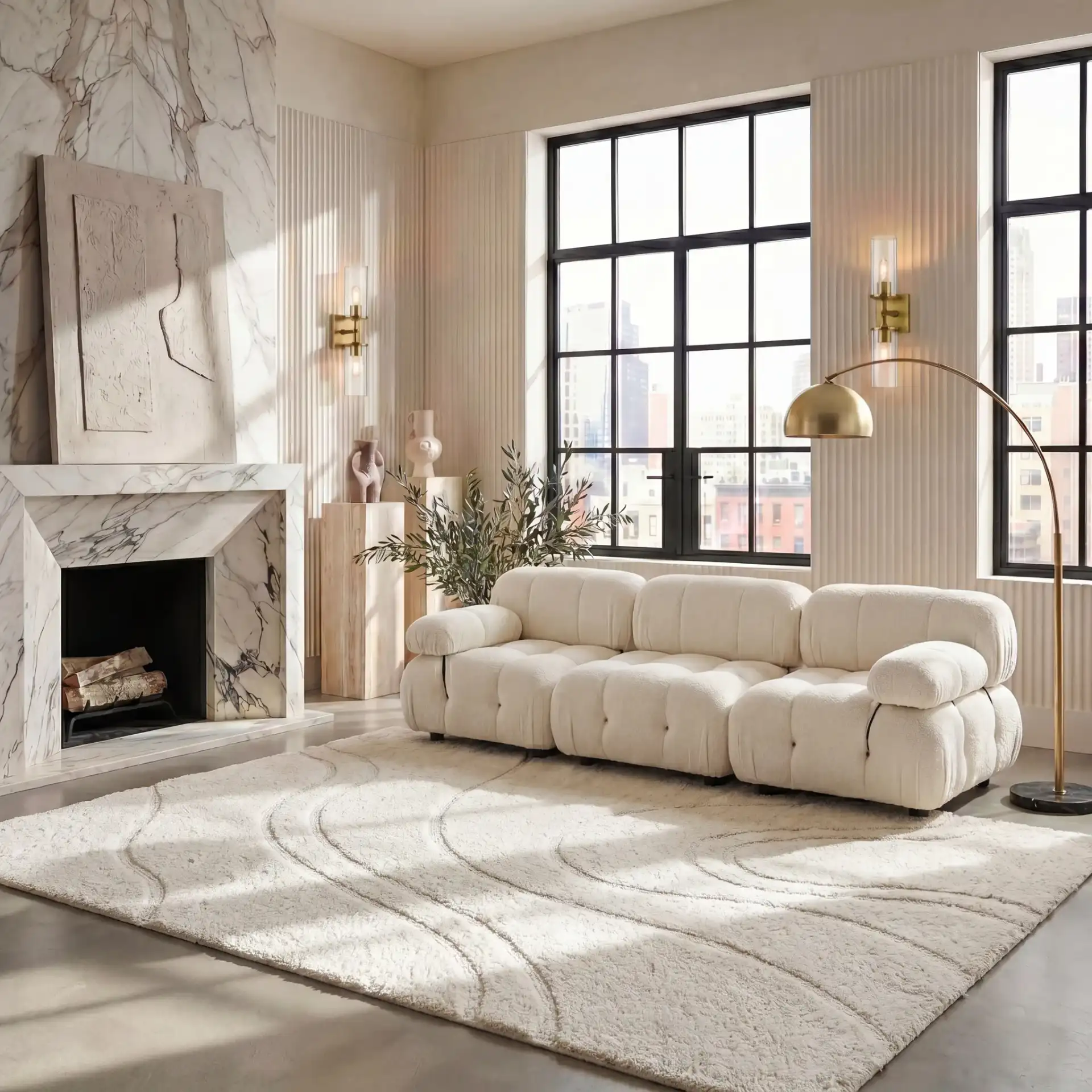 Casablanca Carved Wave Hand-Tufted Wool Rug in Ivory in a styled room