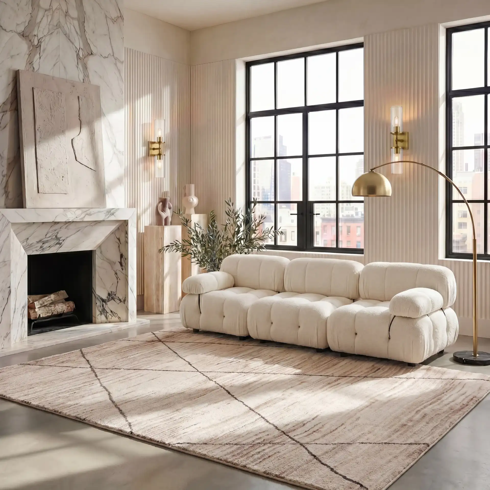 Casablanca Diamond Trellis Hand-Woven Wool Rug in Beige in a styled room