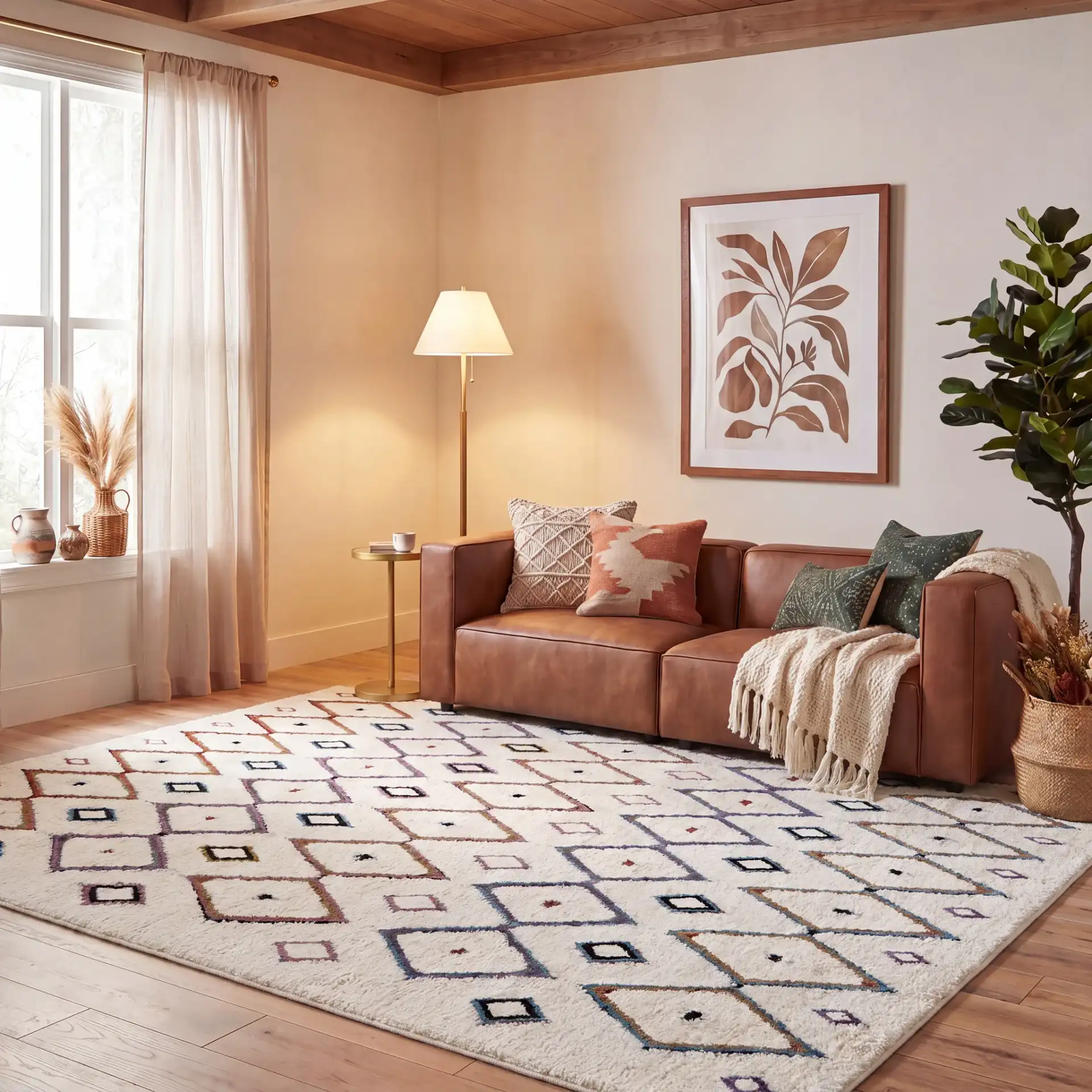 Casablanca Diamond Lattice Hand-Tufted Shag Wool Rug in Ivory / Blue in a styled room