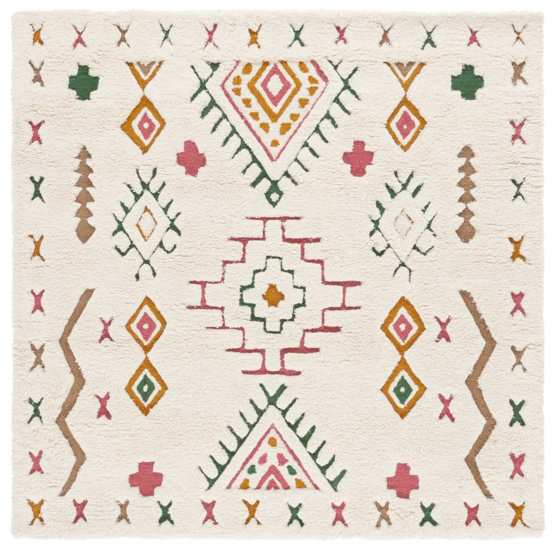 Casablanca Tribal Motif Hand-Tufted Shag Wool Rug in Ivory / Pink