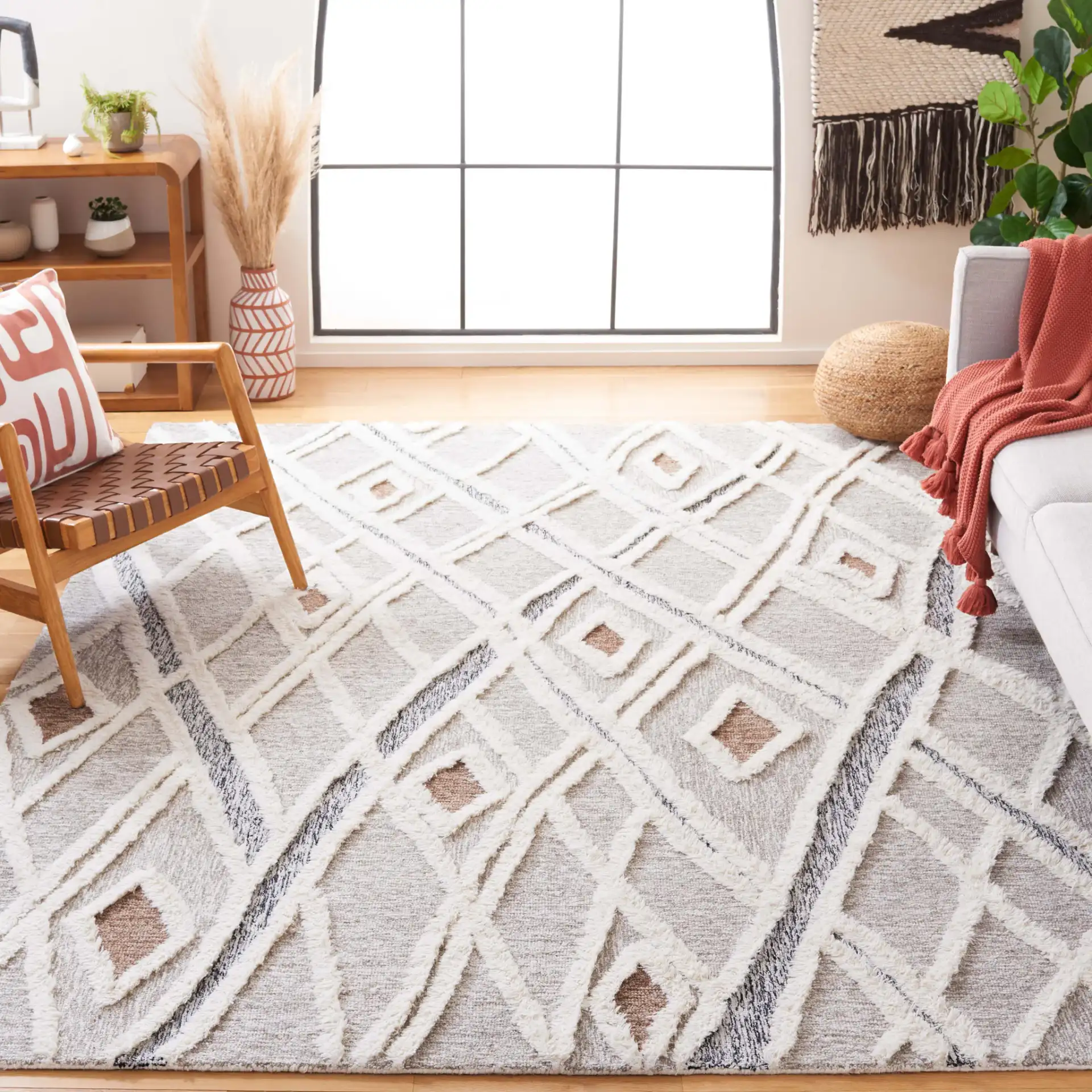 Casablanca Tribal Diamond Hand-Tufted Shag Wool Rug in Gray / Ivory in a styled room