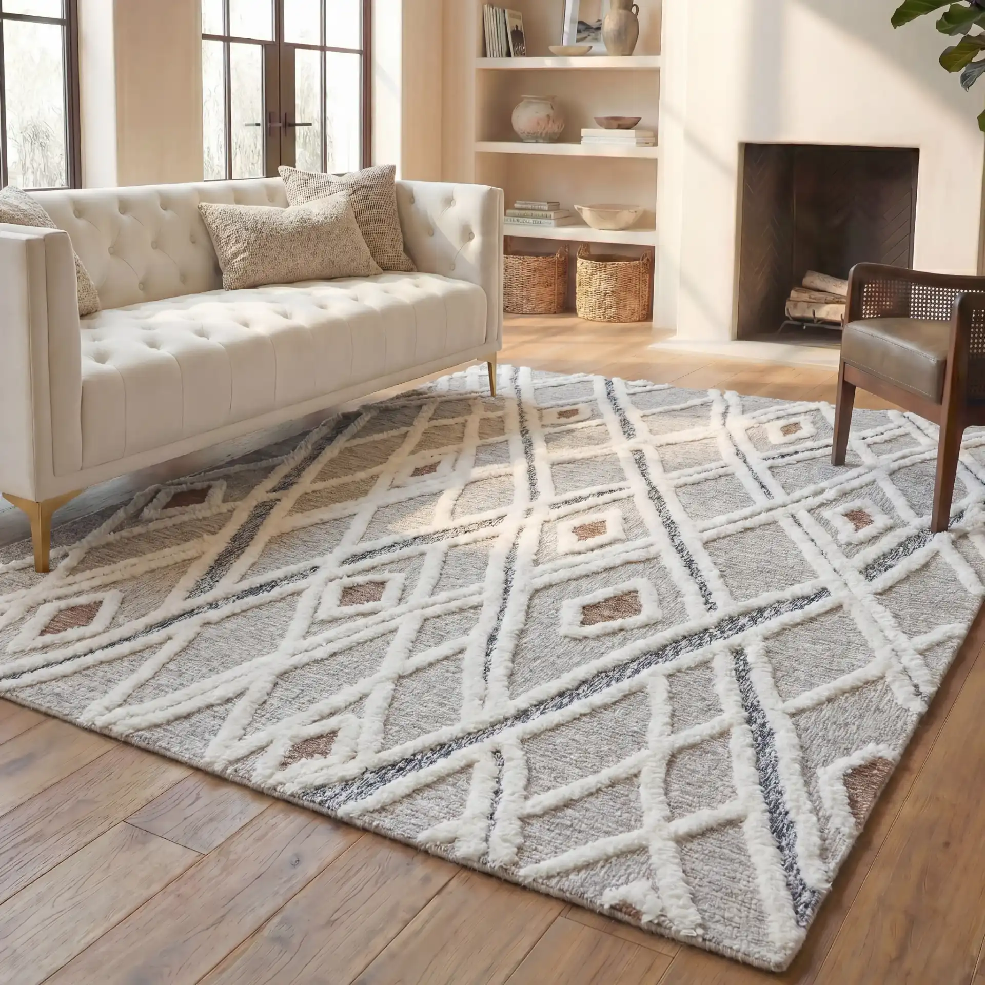 Casablanca Tribal Diamond Hand-Tufted Shag Wool Rug in Gray / Ivory in a styled room