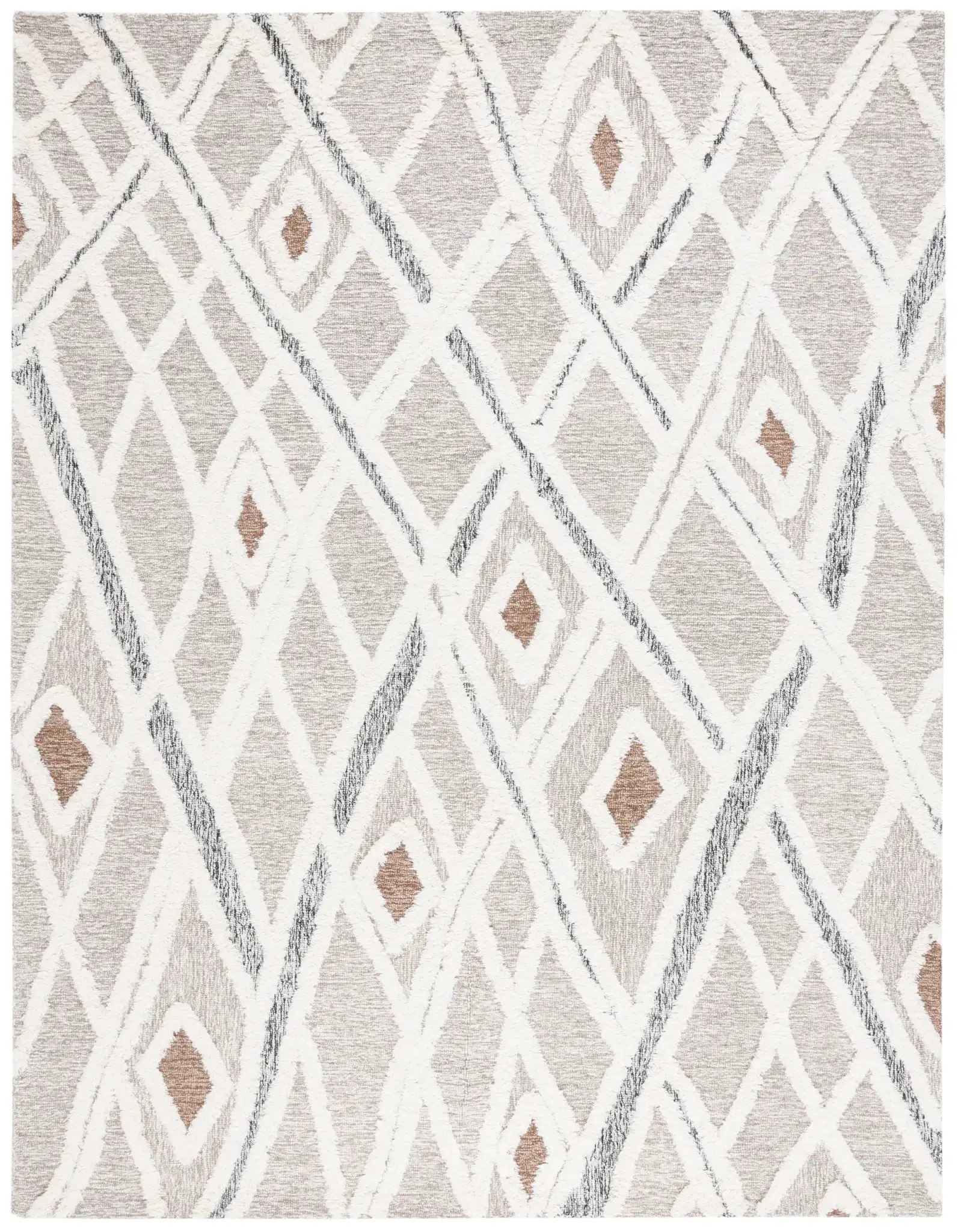 Casablanca Tribal Diamond Hand-Tufted Shag Wool Rug in Gray / Ivory