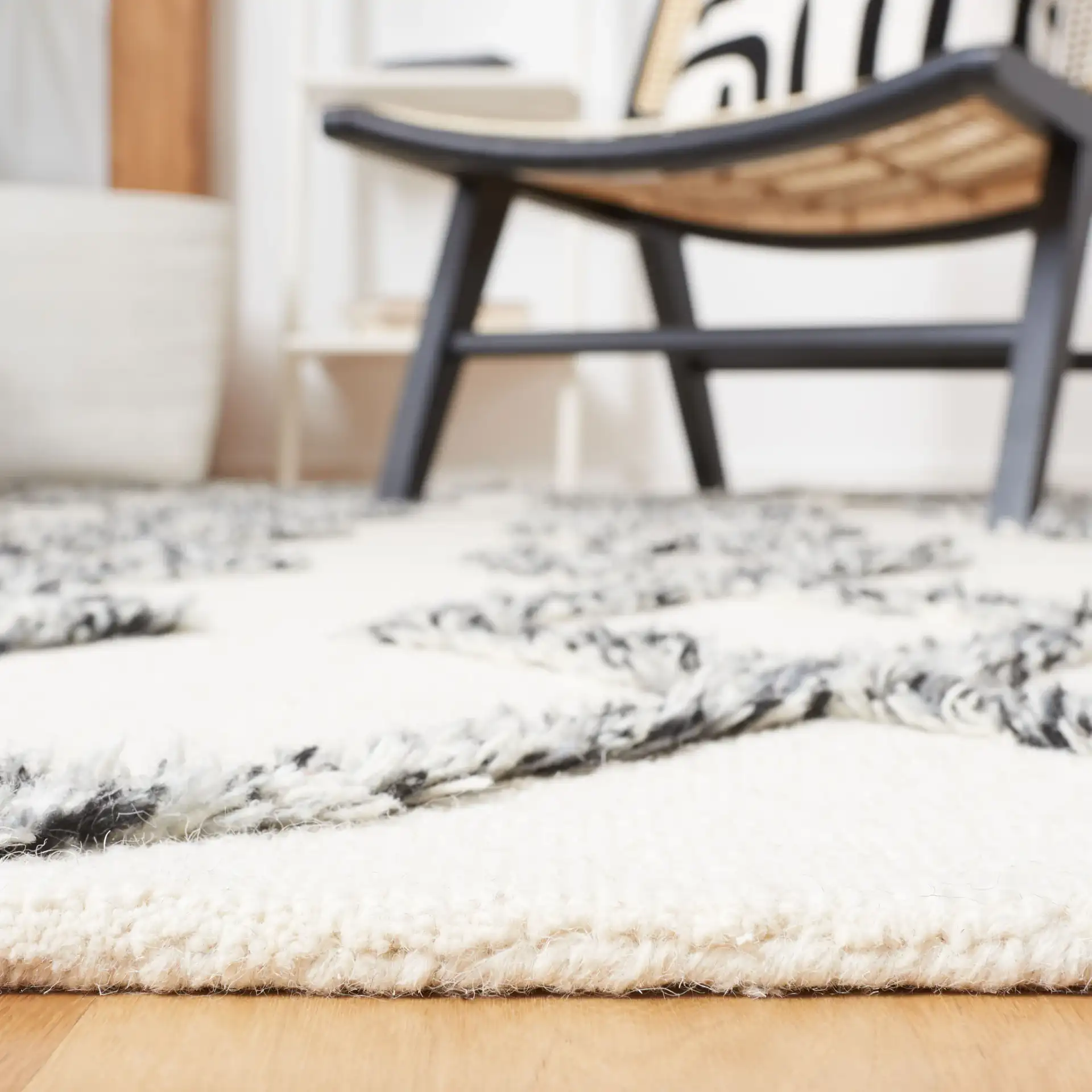 Casablanca Stacked Diamond Hand-Tufted Wool Rug in Ivory / Black in a styled room