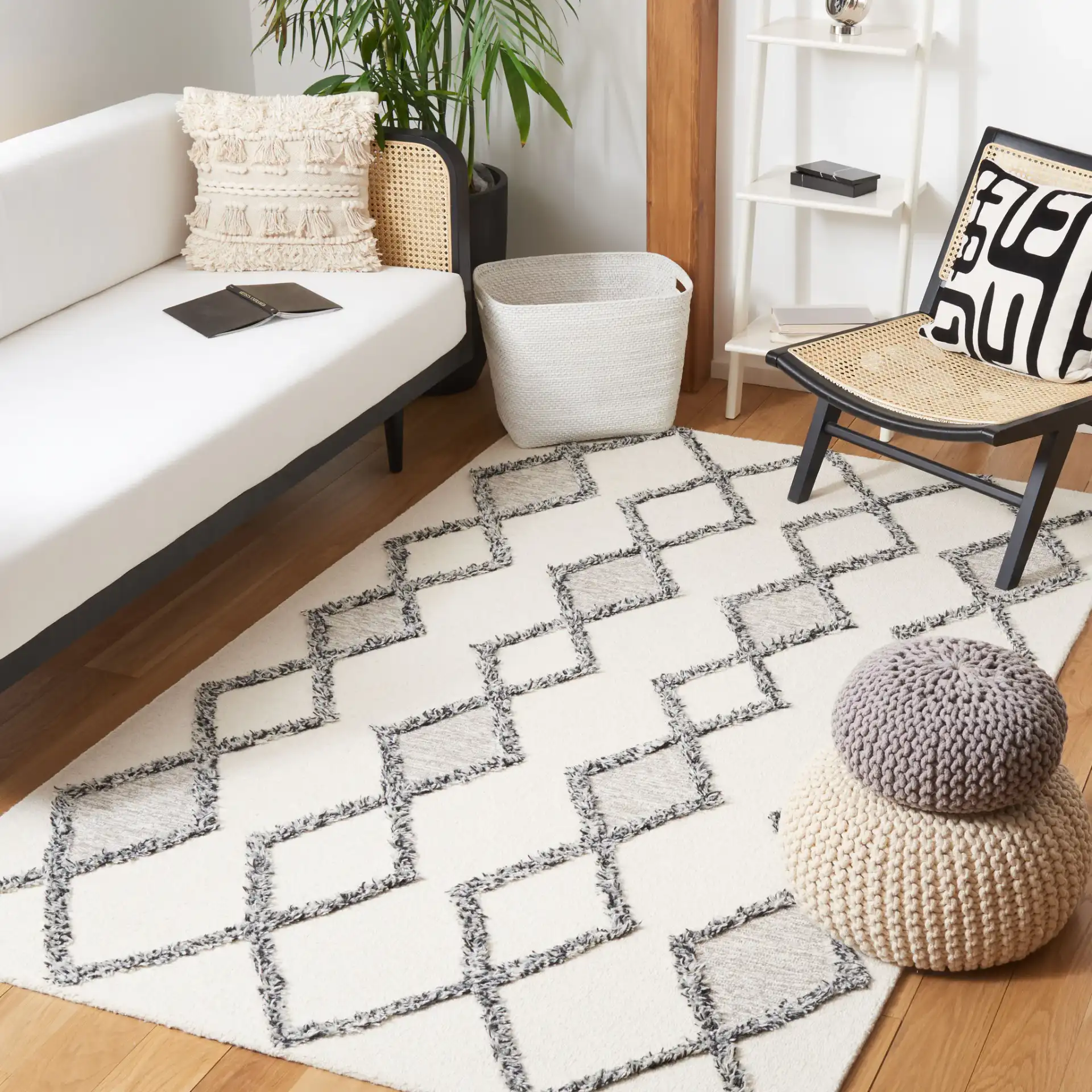 Casablanca Stacked Diamond Hand-Tufted Wool Rug in Ivory / Black in a styled room