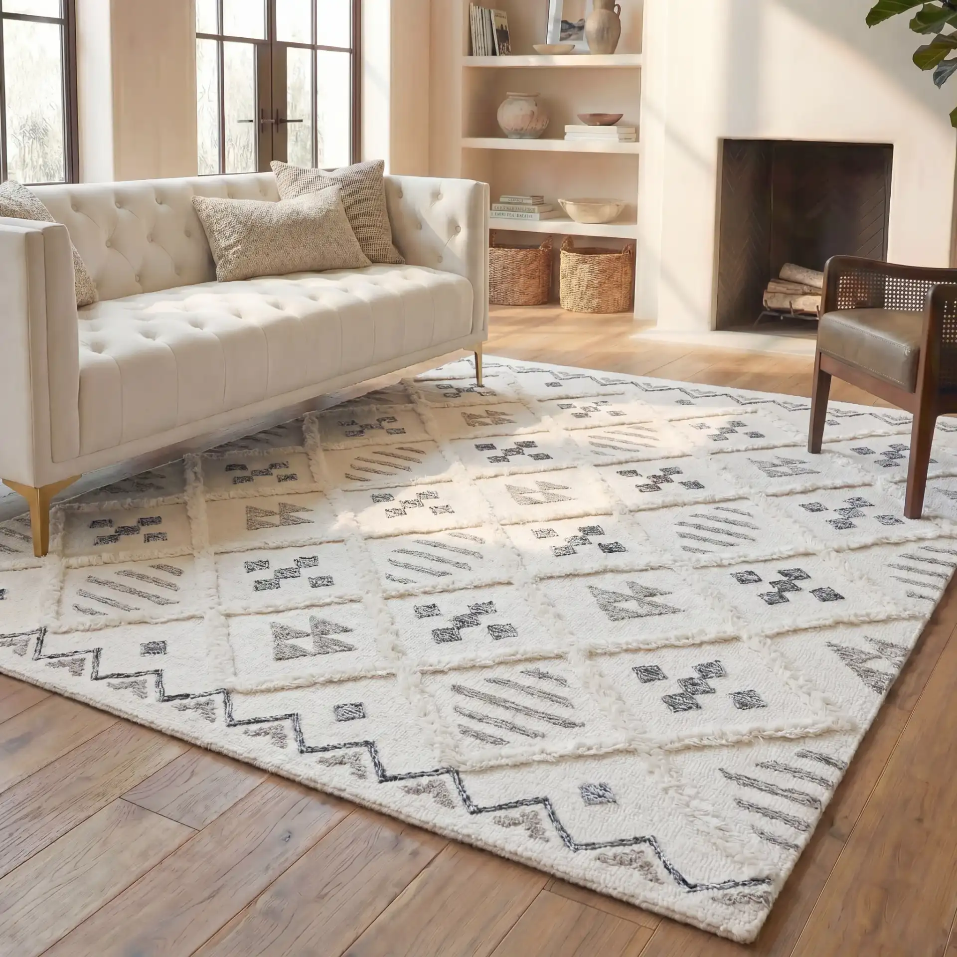 Casablanca Tribal Motif Trellis Hand-Tufted Wool Rug in Ivory / Black in a styled room