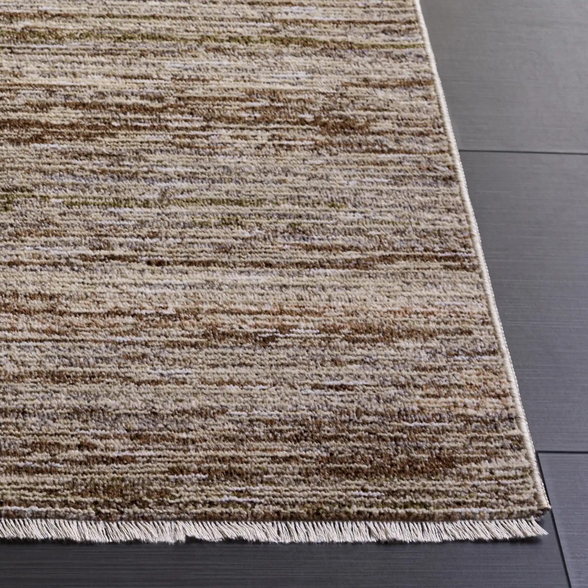 Crystal Modern Striated Rug in Dark Beig in a styled room