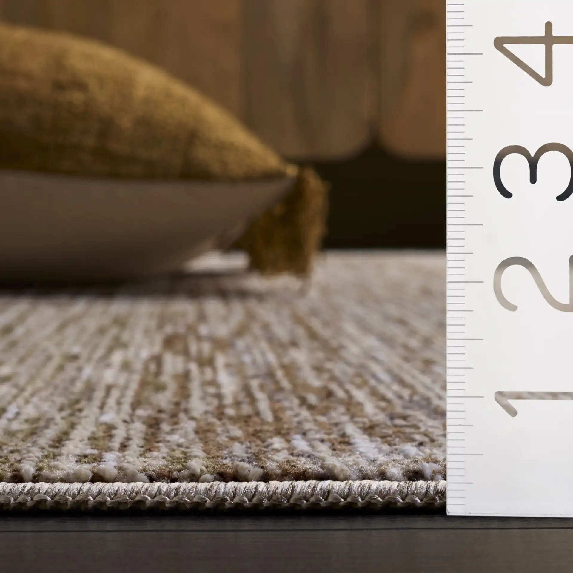 Crystal Modern Striated Rug in Dark Beig in a styled room