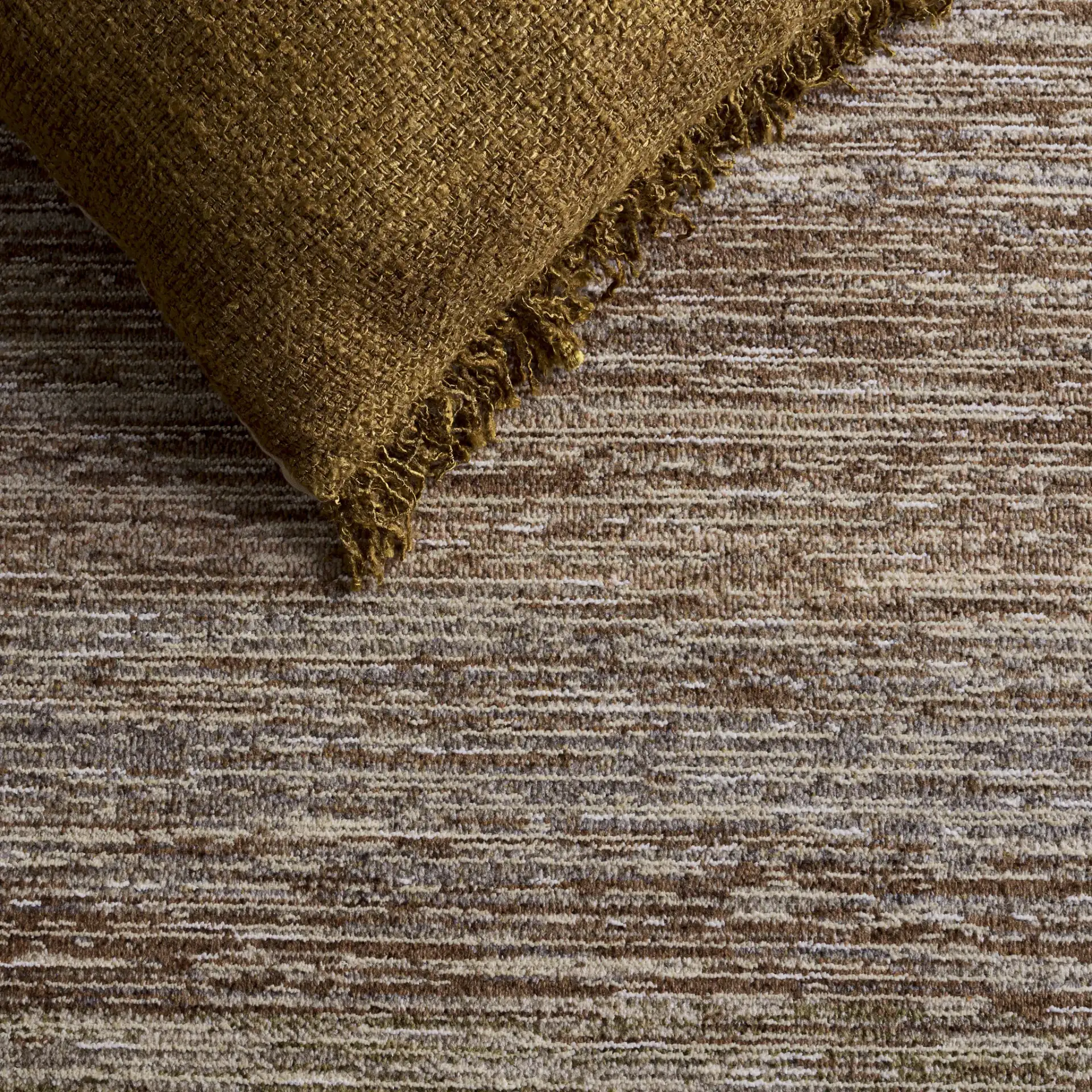 Crystal Modern Striated Rug in Dark Beig in a styled room