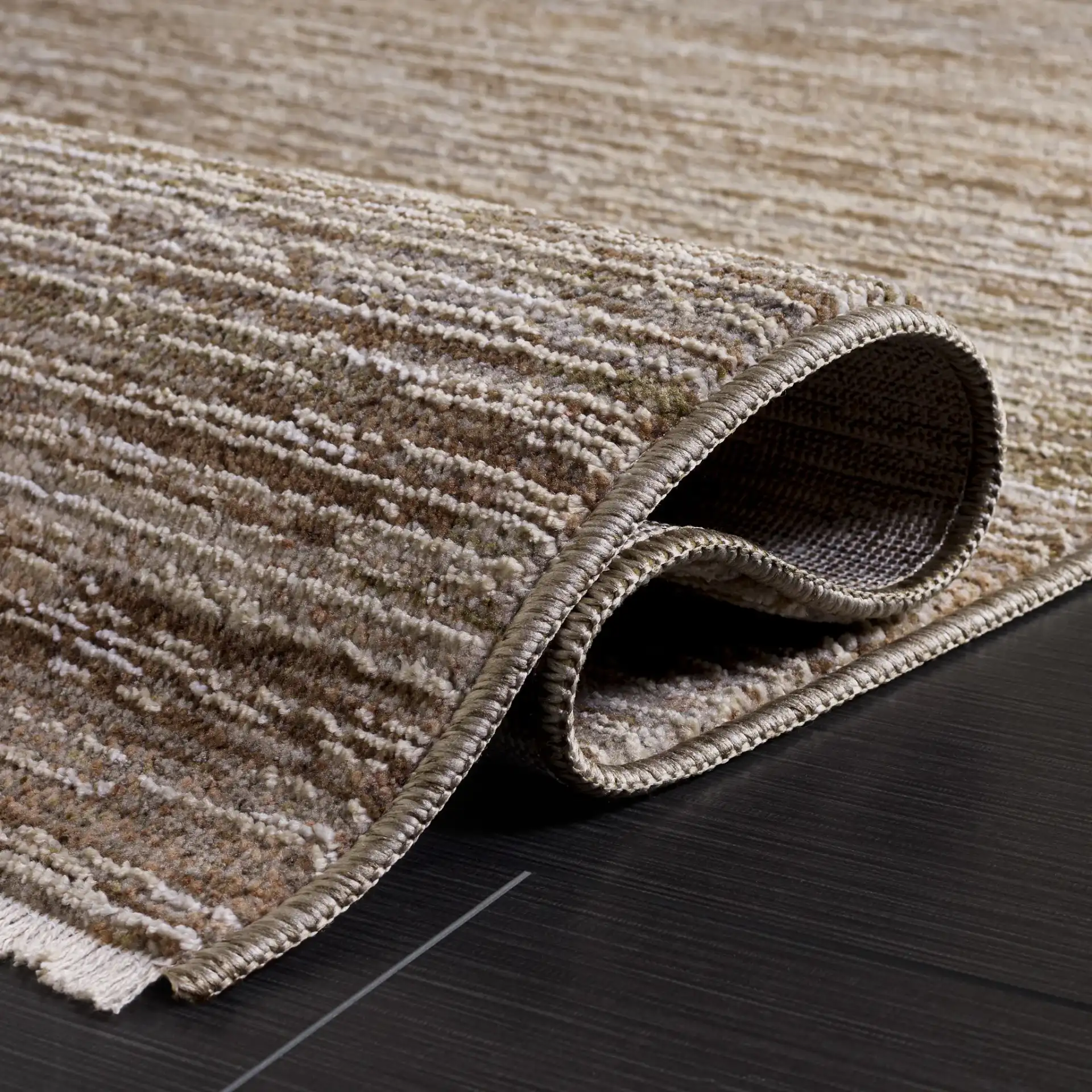 Crystal Modern Striated Rug in Dark Beig in a styled room