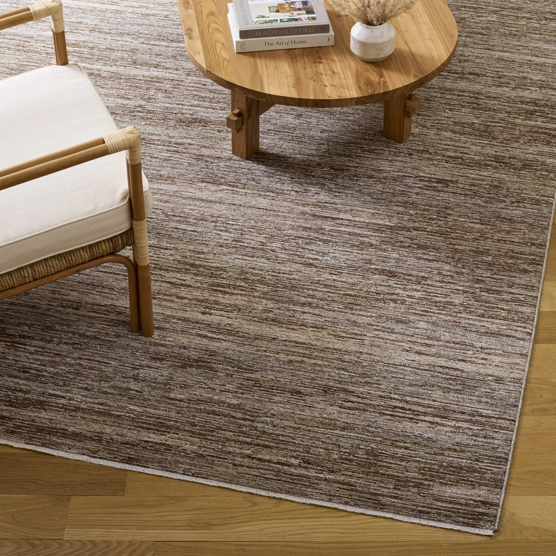 Crystal Modern Striated Rug in Dark Beig in a styled room
