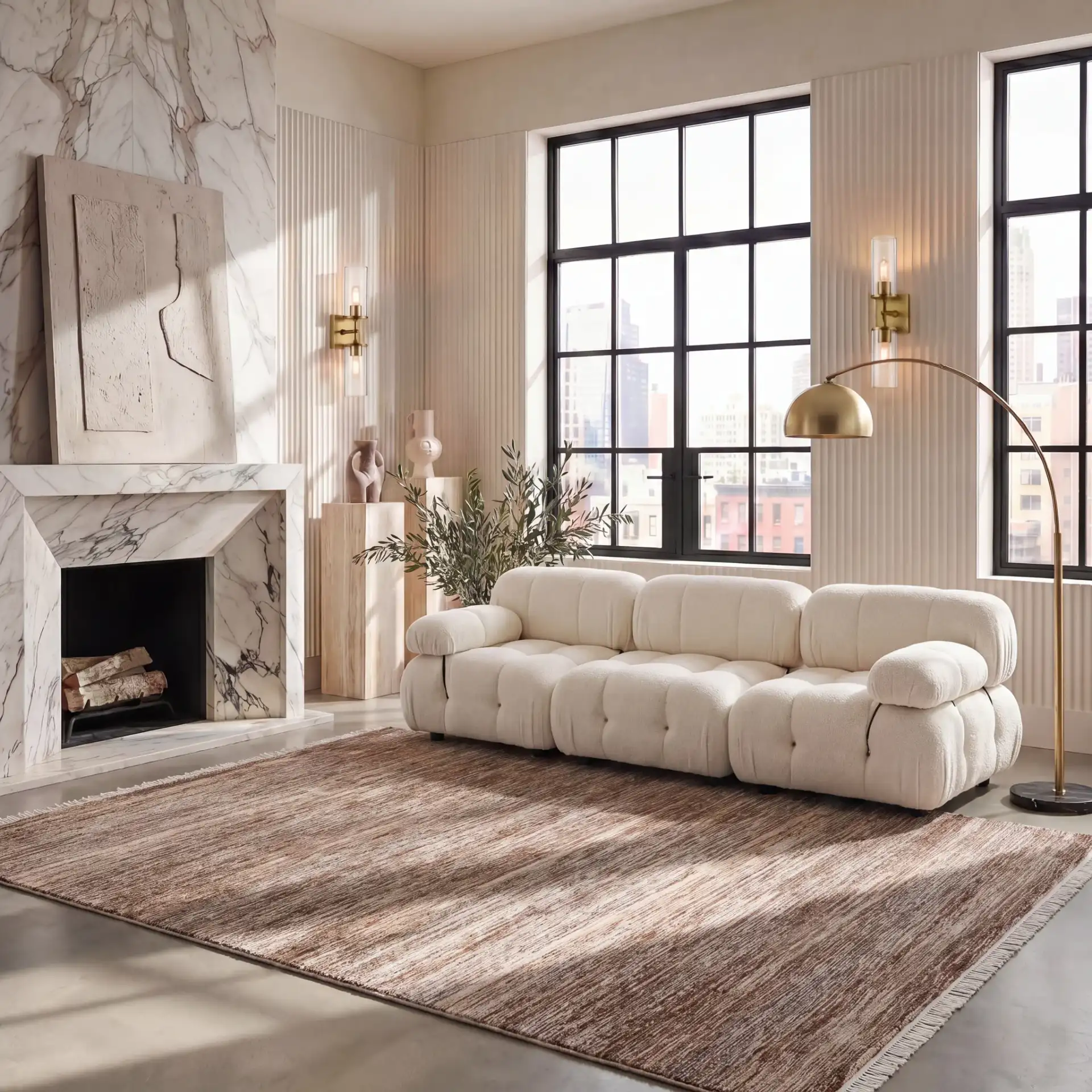 Crystal Modern Striated Rug in Dark Beig in a styled room