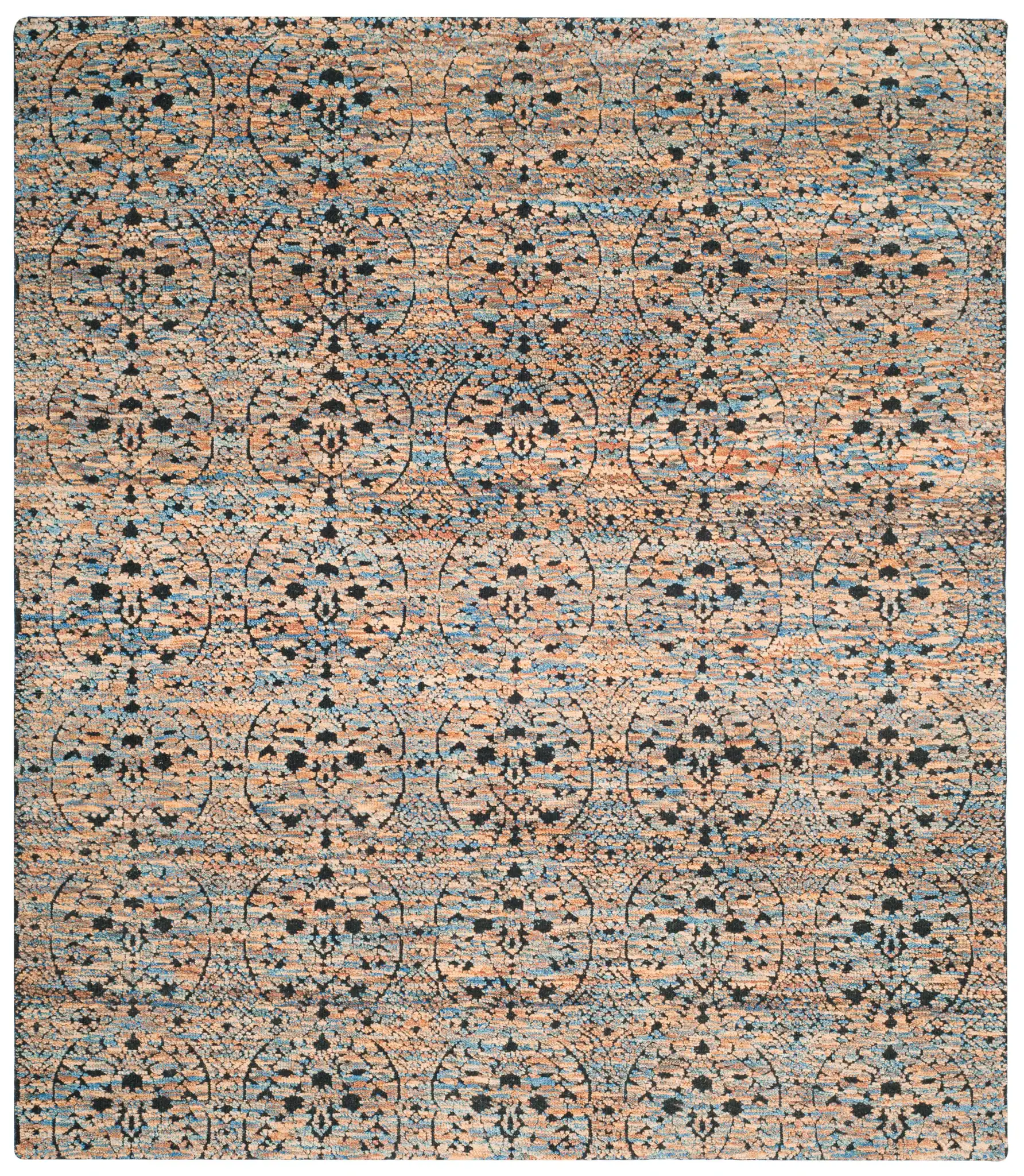 Castilla Repeating Medallion Hand-Knotted Wool Rug in Blue Gold / Charcoal