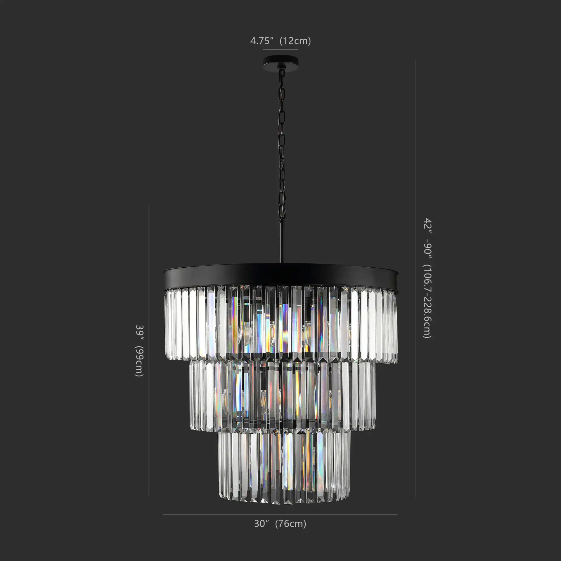 Coulette Three-Tier Crystal Chandelier in Black, detail view