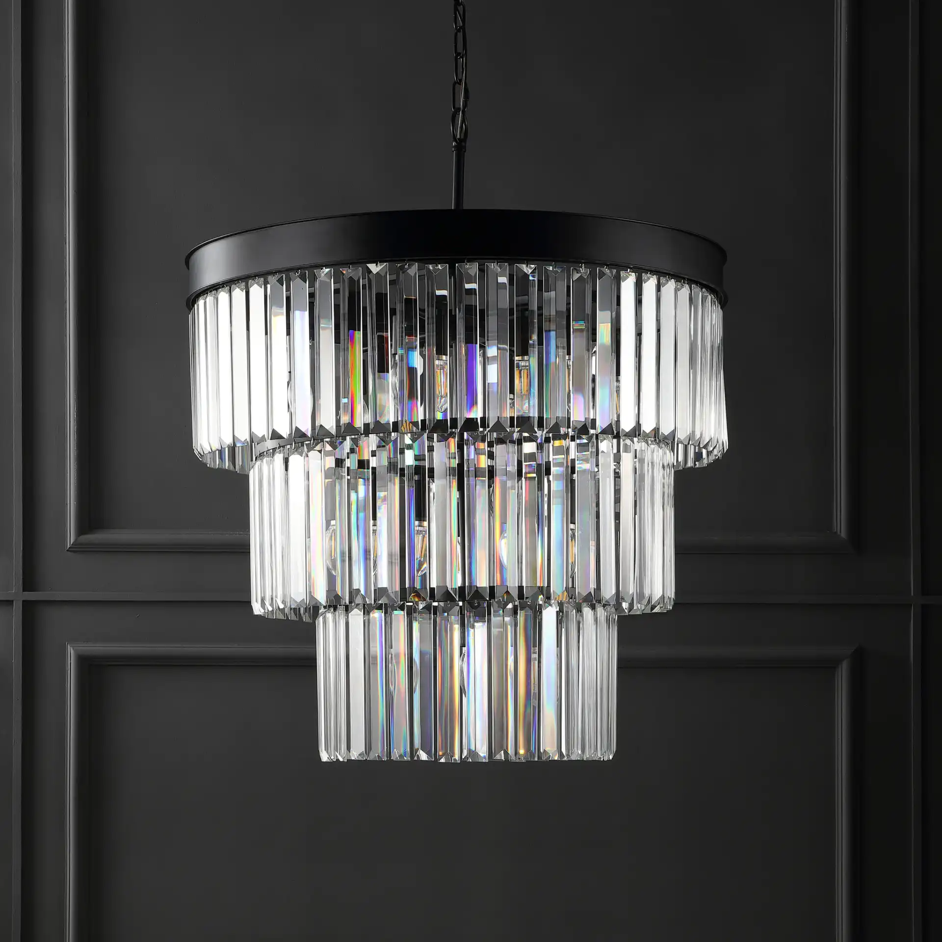 Coulette Three-Tier Crystal Chandelier in Black in a styled room