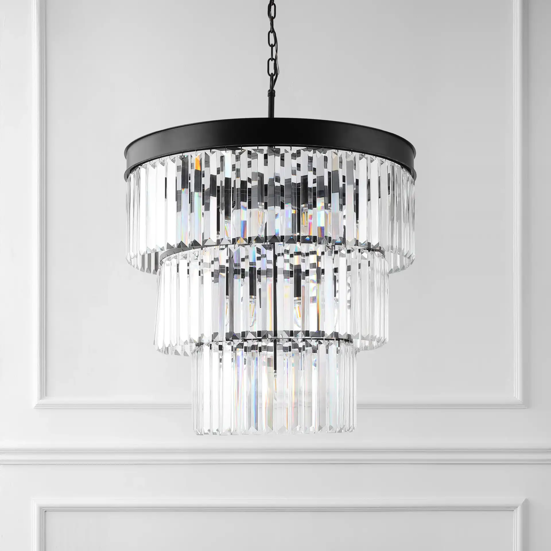 Coulette Three-Tier Crystal Chandelier in Black, detail view