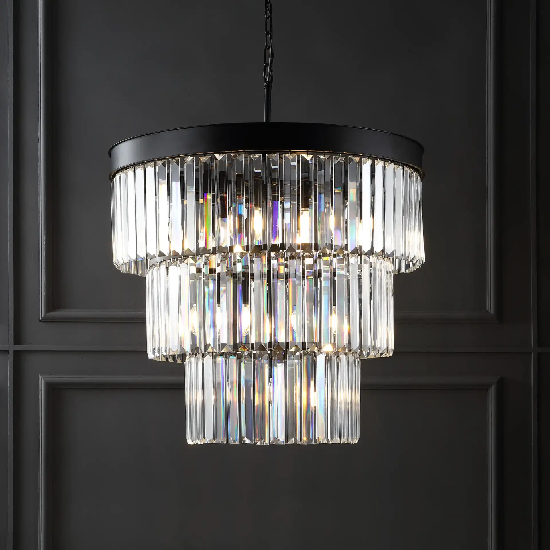 Coulette Three-Tier Crystal Chandelier in Black in a styled room