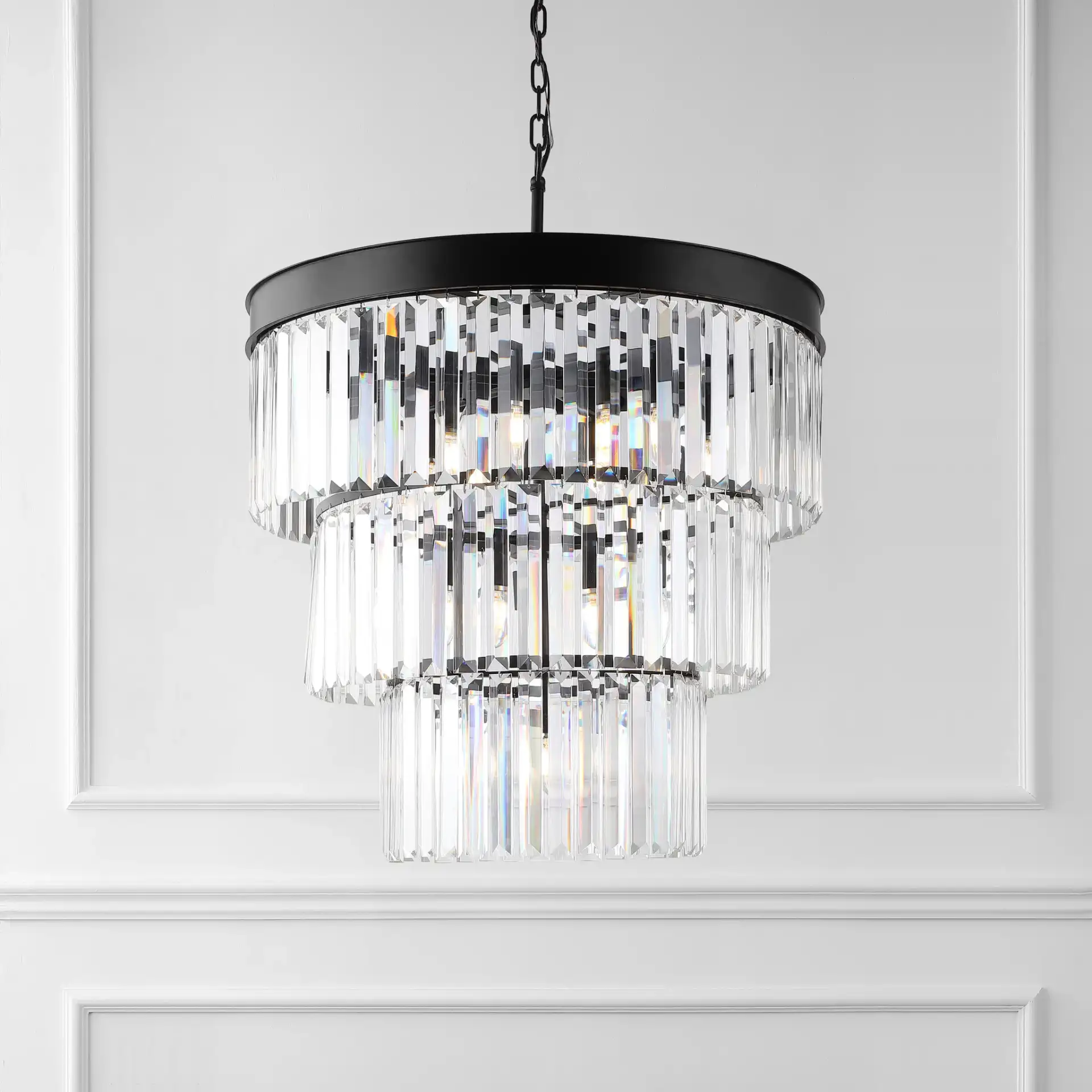 Coulette Three-Tier Crystal Chandelier in Black in a styled room