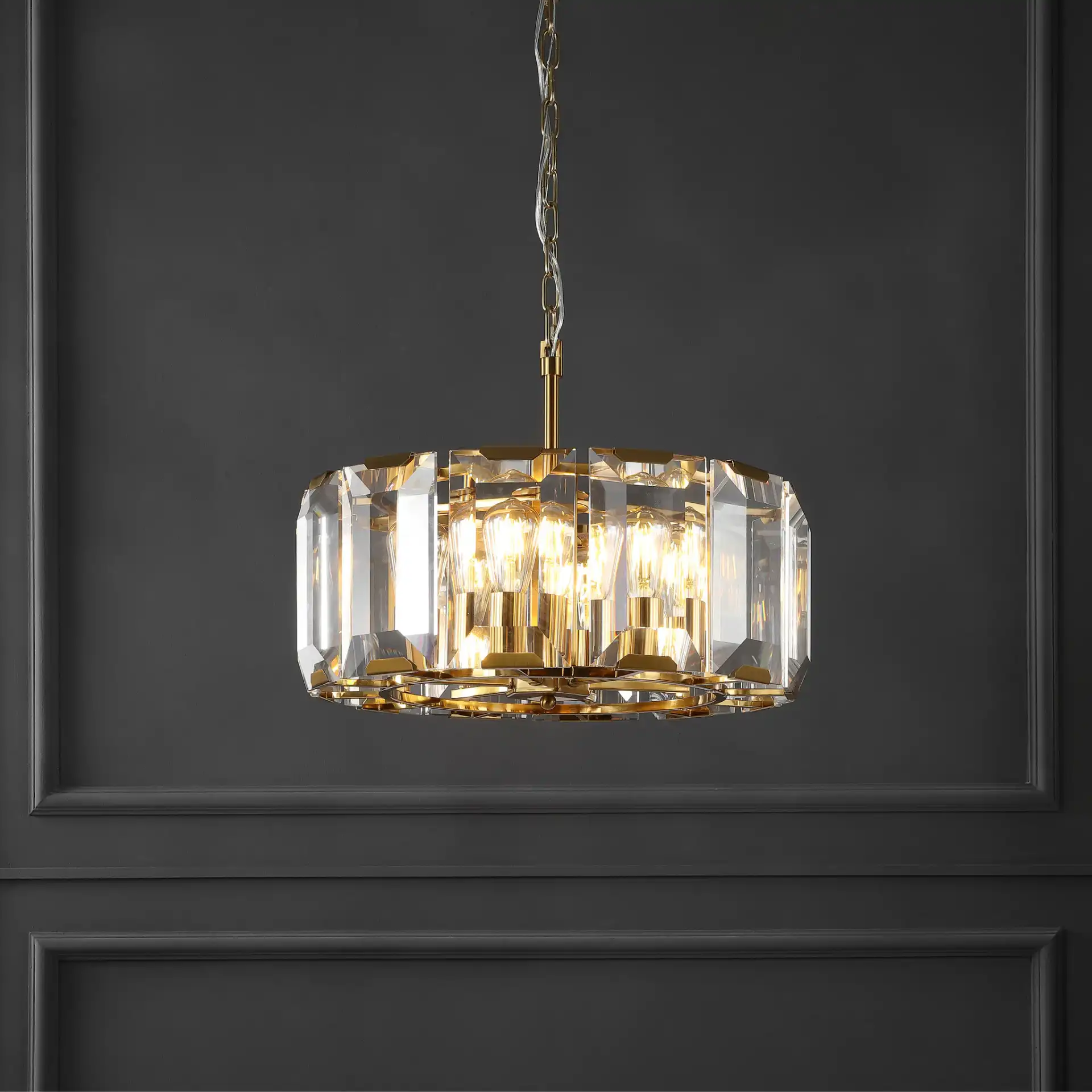 Symone Glass Chandelier in Gold in a styled room