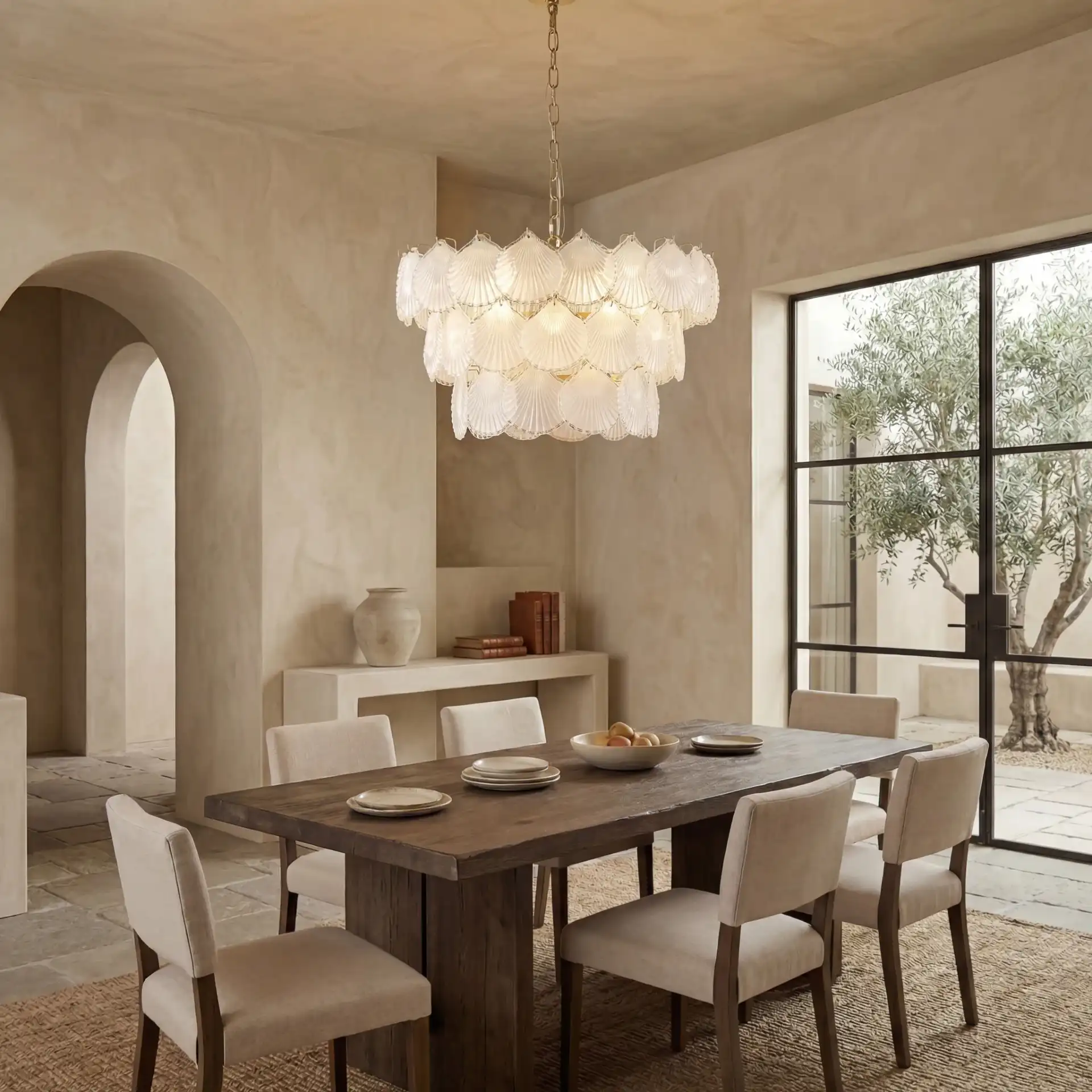 Gutierrez Three-Tier Glass Chandelier in Gold in a styled room