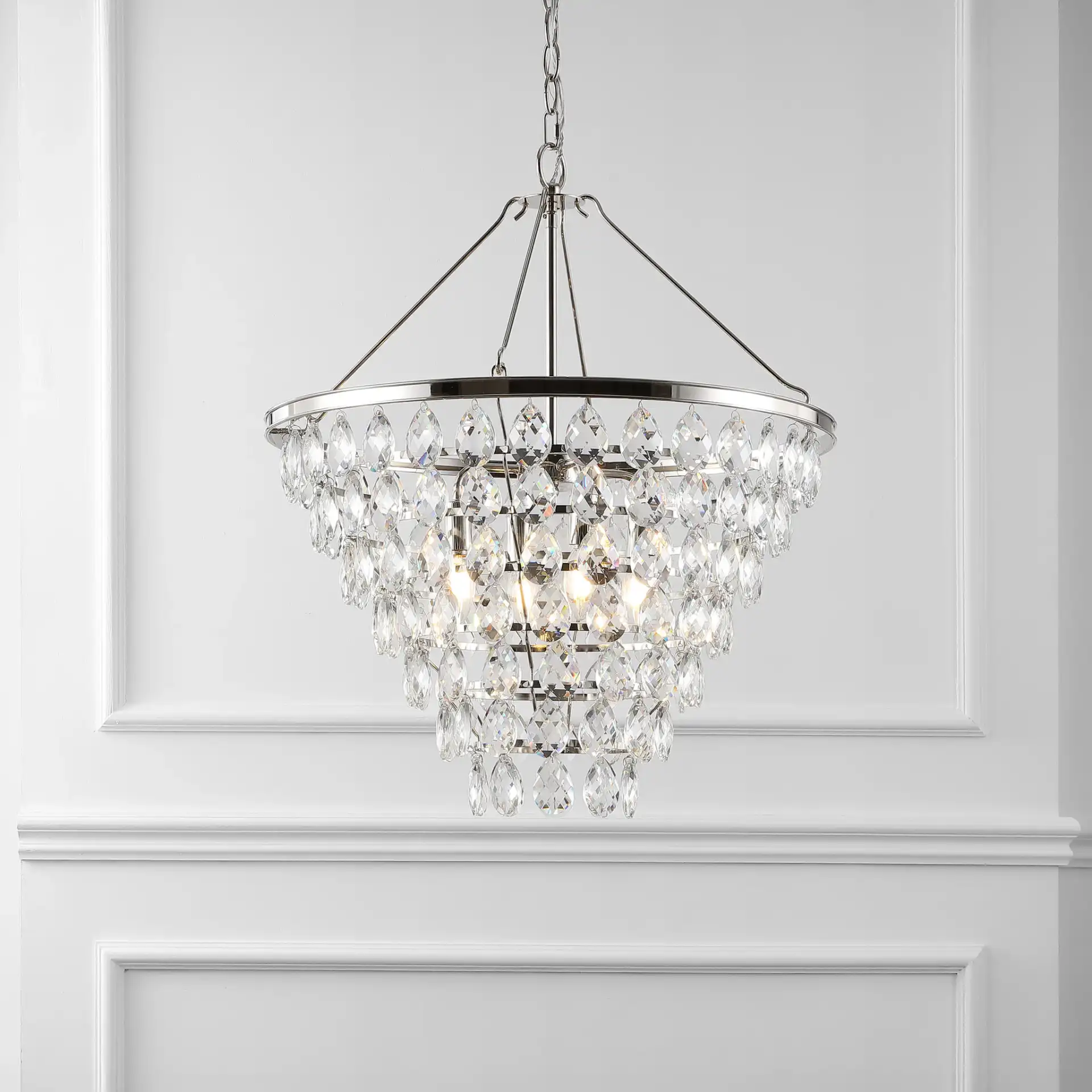 Nydia Teardrop Chandelier in Nickle in a styled room