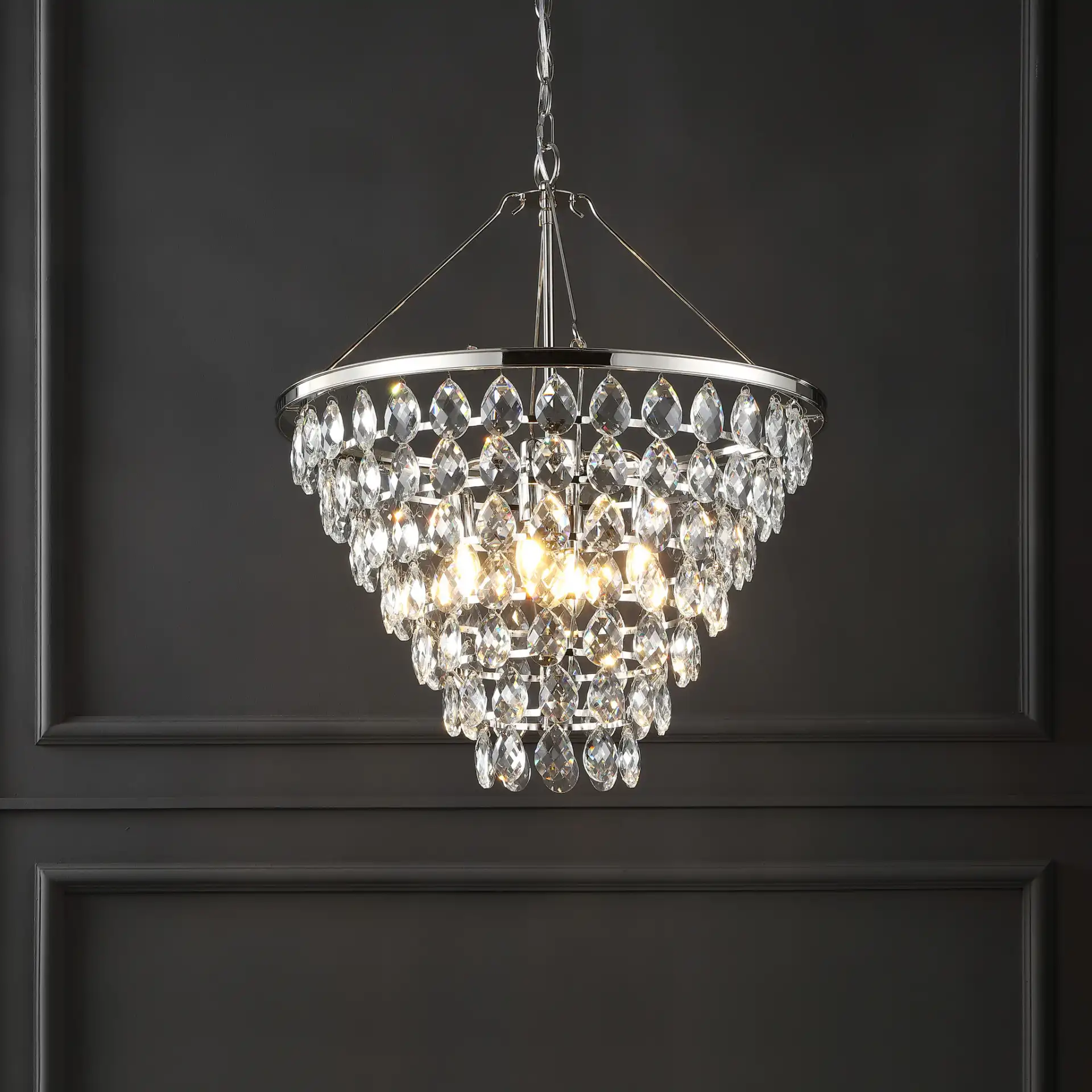Nydia Teardrop Chandelier in Nickle in a styled room