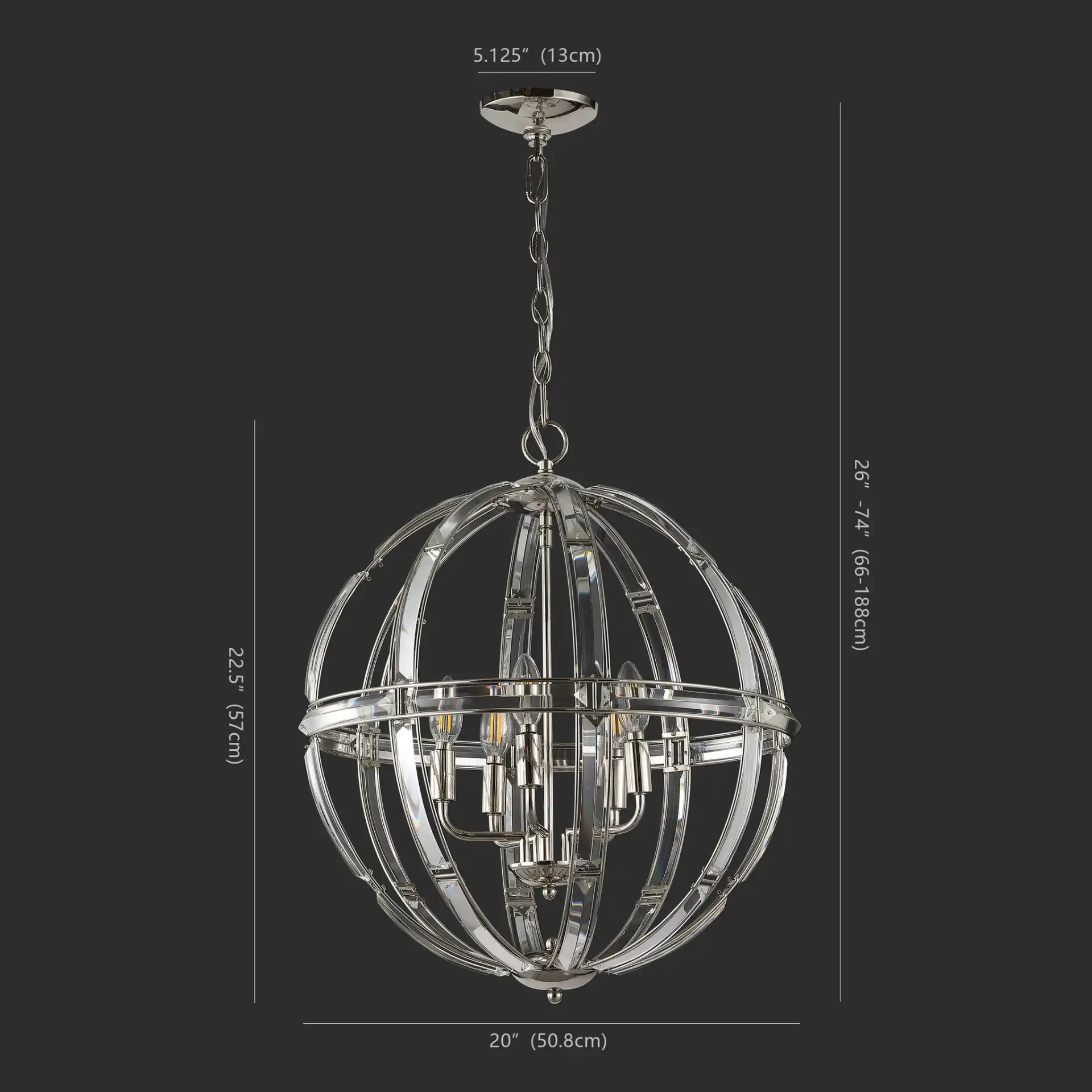 Giordano Round Crystal Chandelier in Chrome, detail view