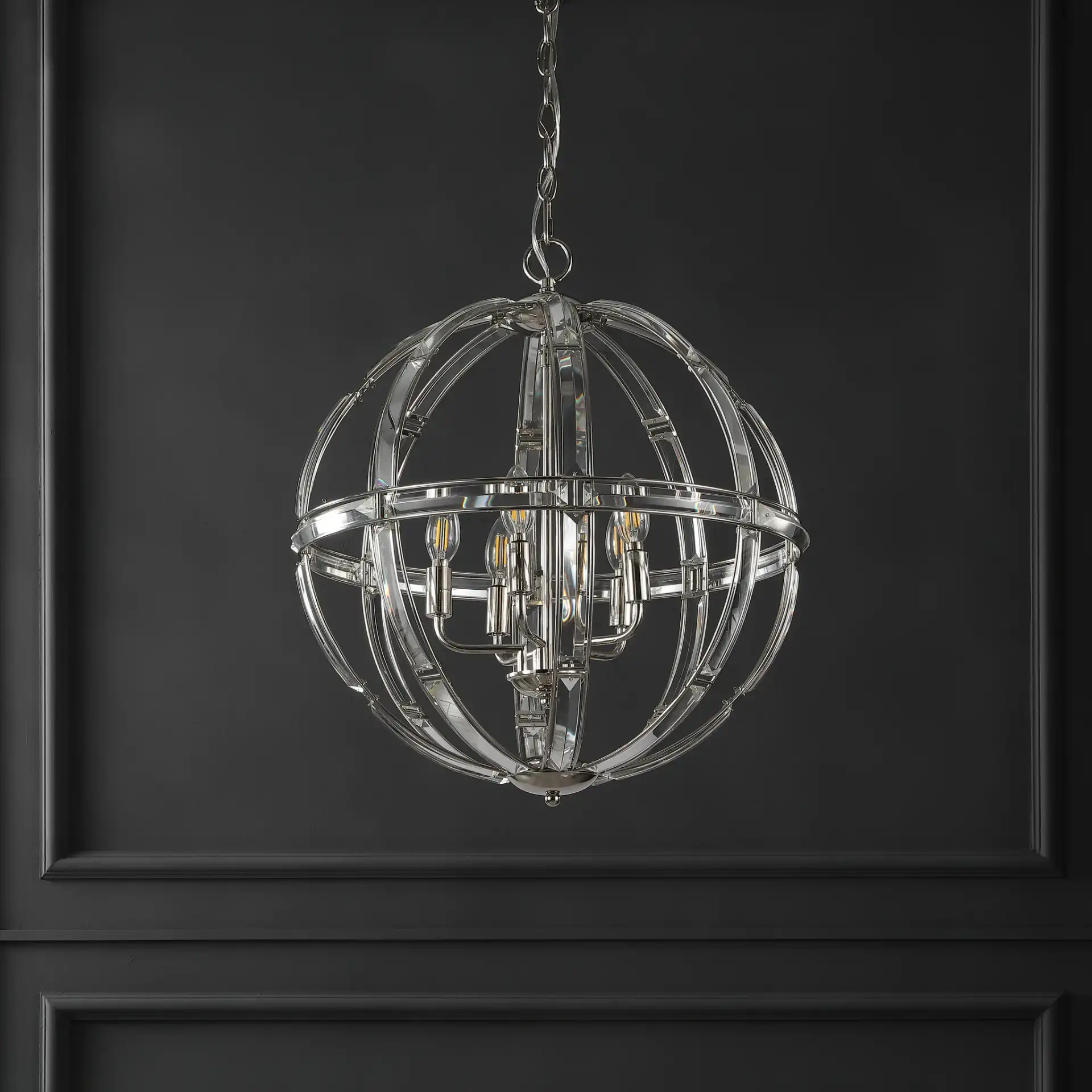 Giordano Round Crystal Chandelier in Chrome in a styled room