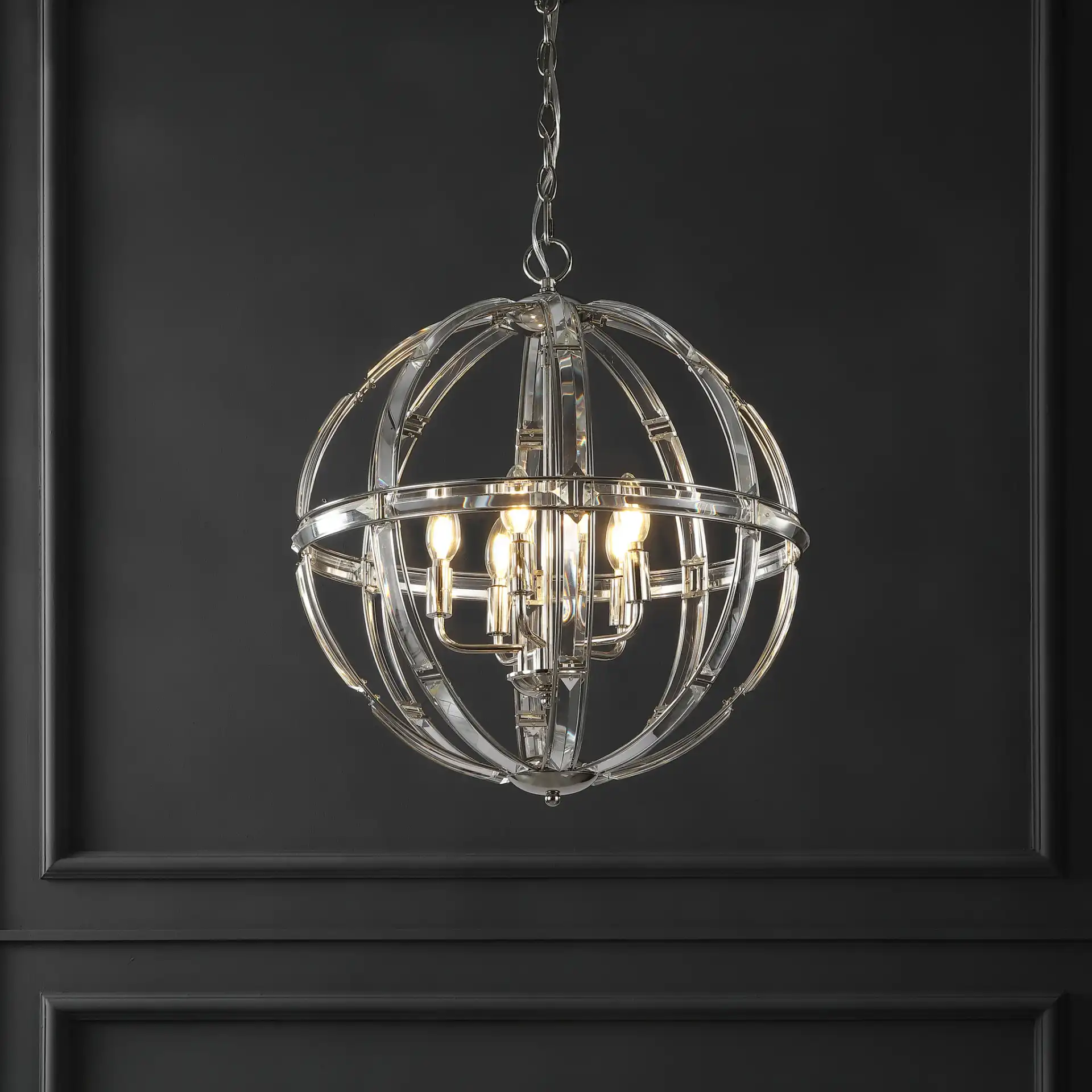 Giordano Round Crystal Chandelier in Chrome in a styled room